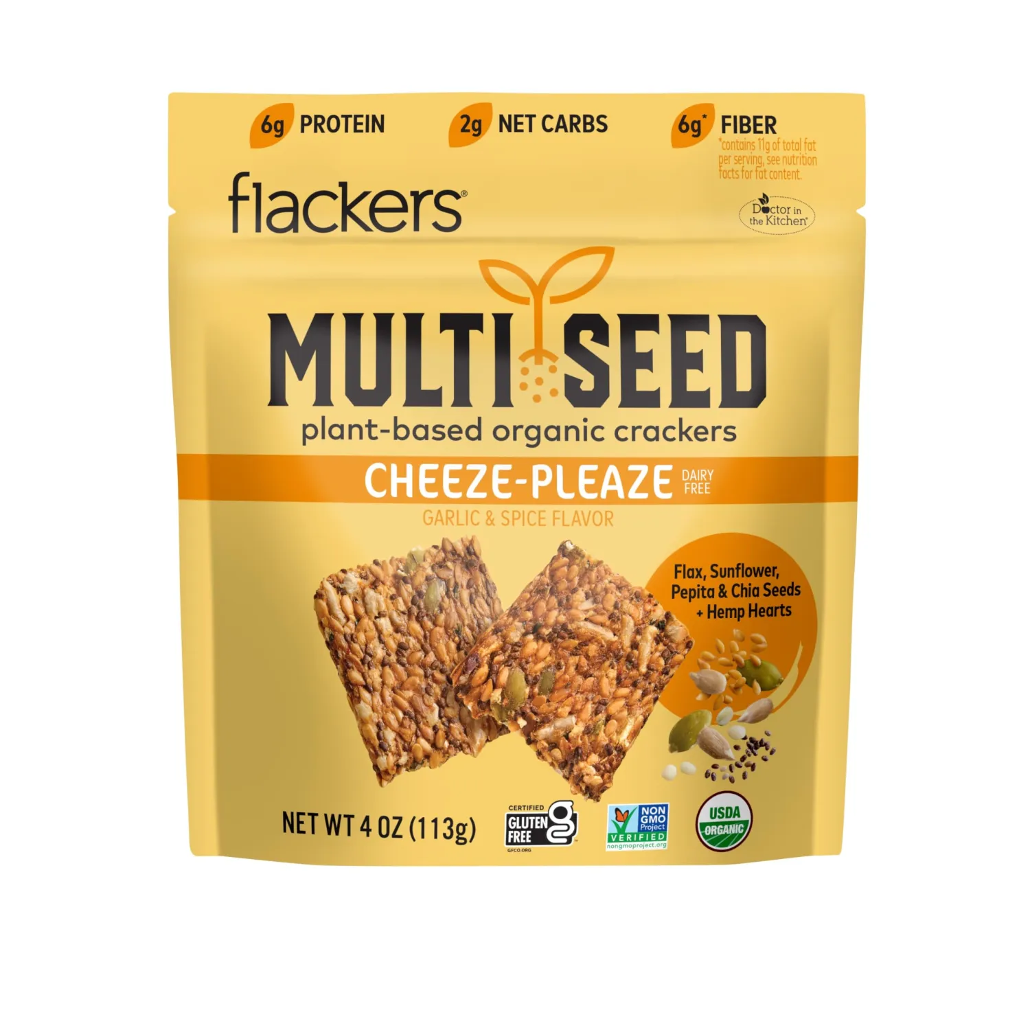 Flackers Organic Cheeze-Pleaze Multi-Seed Crackers, 4 Ounce 1-Pack, Gluten Free, Non GMO, Vegan, Keto Snack, 8g Fiber, 3g Net Carbs