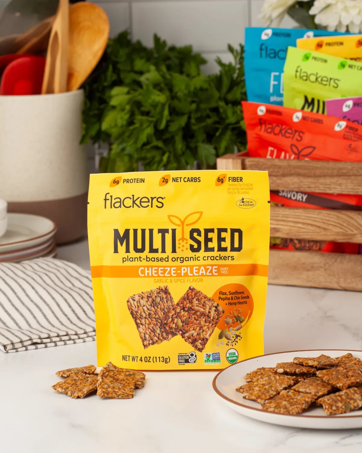 Flackers Organic Cheeze-Pleaze Multi-Seed Crackers, 4 Ounce 1-Pack, Gluten Free, Non GMO, Vegan, Keto Snack, 8g Fiber, 3g Net Carbs