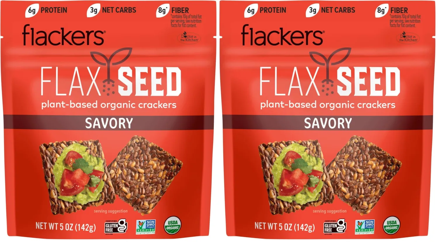 Flackers Organic Savory Flaxseed Crackers, Gluten Free, Non GMO, Vegan, Keto Snack, 8g Fiber, 3g Net Carbs, 5 Ounce 2-Pack