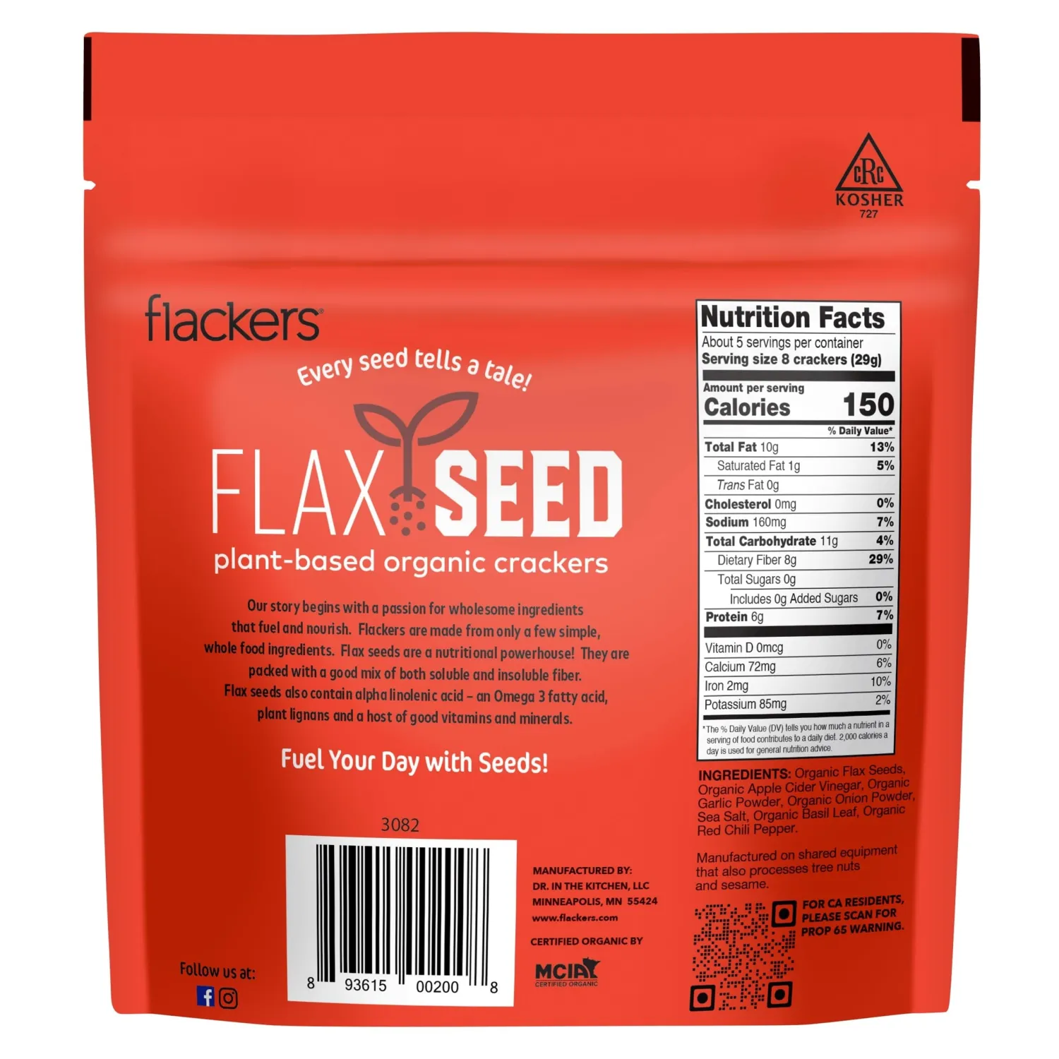 Flackers Organic Savory Flaxseed Crackers, Gluten Free, Non GMO, Vegan, Keto Snack, 8g Fiber, 3g Net Carbs, 5 Ounce 2-Pack