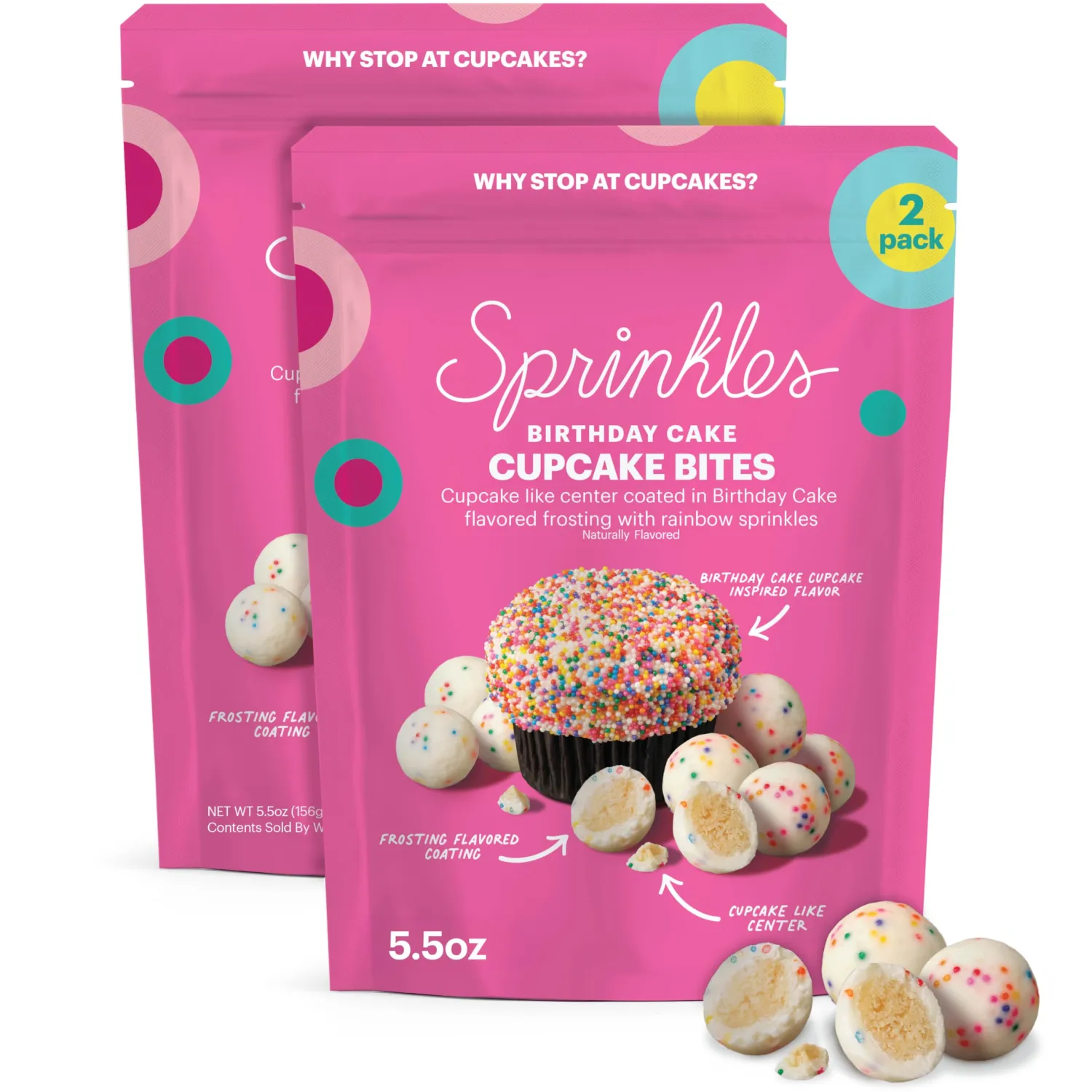 Sprinkles Cupcake Bites, Birthday Cake Flavor, Frosting-Coated, 2-Pack Pouches, 5.5oz each, Mini Cake Treats, Great for Snacking and Gifting
