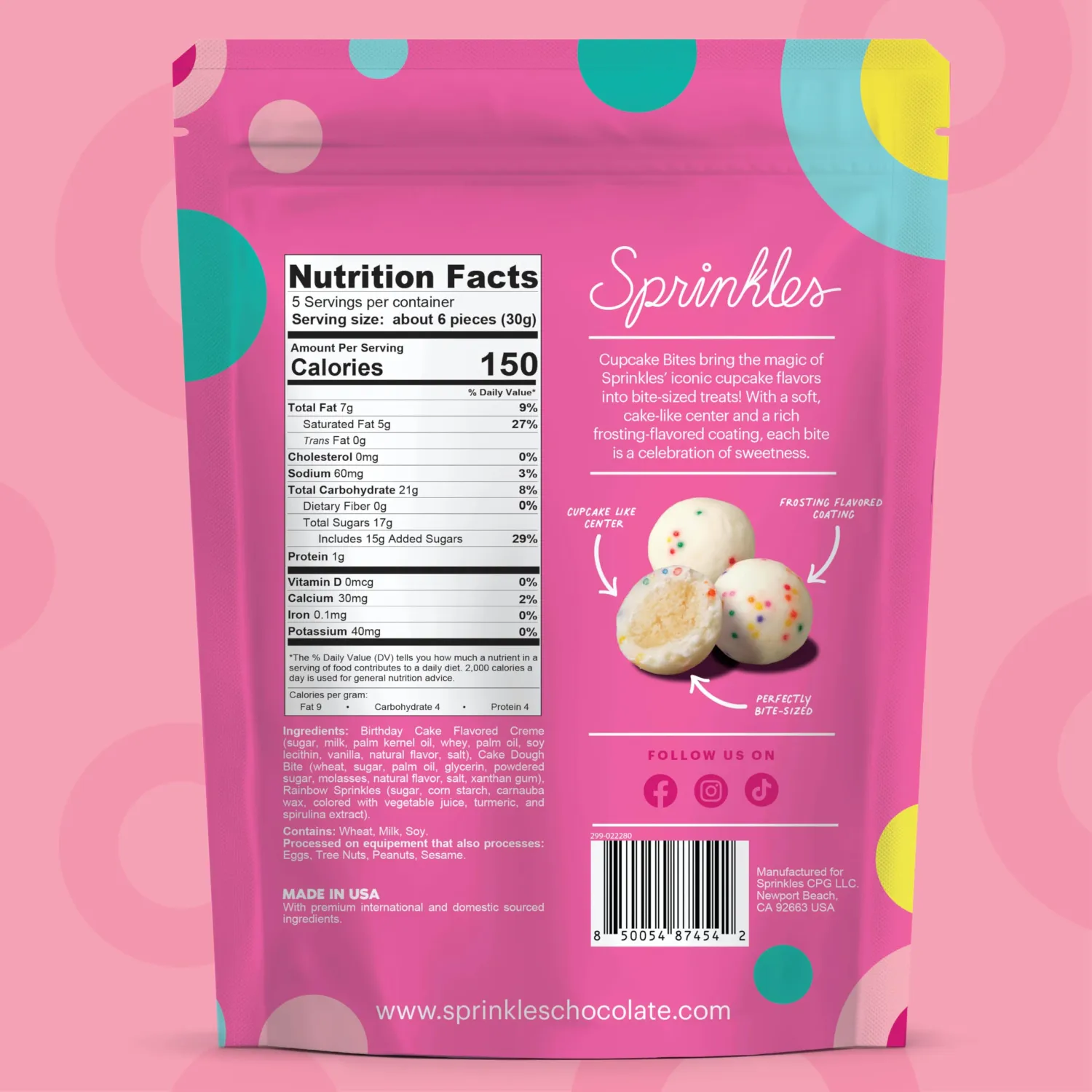 Sprinkles Cupcake Bites, Birthday Cake Flavor, Frosting-Coated, 2-Pack Pouches, 5.5oz each, Mini Cake Treats, Great for Snacking and Gifting