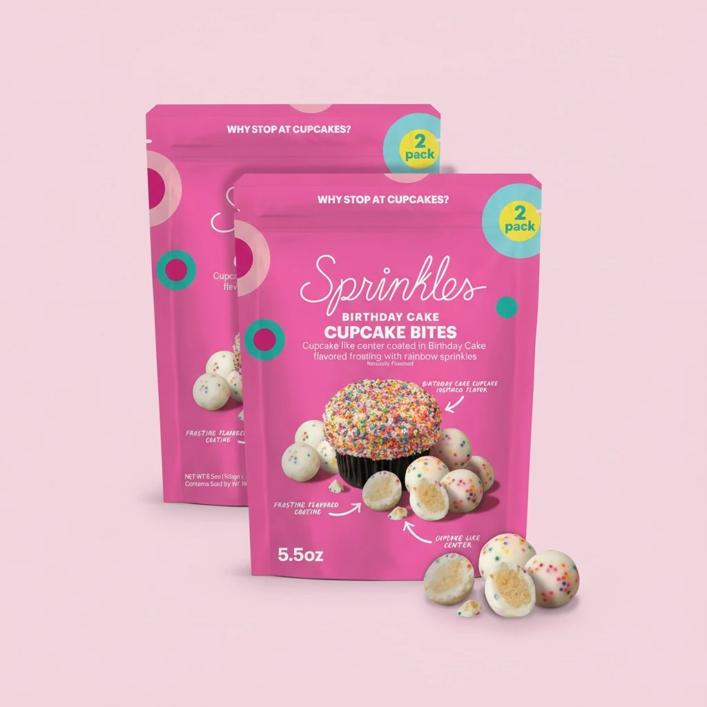 Sprinkles Cupcake Bites, Birthday Cake Flavor, Frosting-Coated, 2-Pack Pouches, 5.5oz each, Mini Cake Treats, Great for Snacking and Gifting