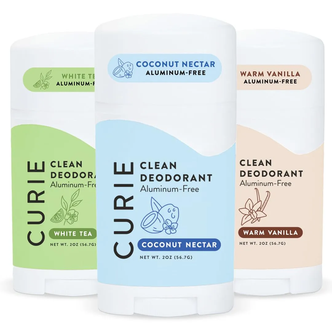 Curie Natural Deodorant for Women Fresh Faves Stick Trio - Coconut Nectar, White Tea and Warm Vanilla - Aluminum Free, Clean, Sustainable, Vegan, Paraben Free (3pk)