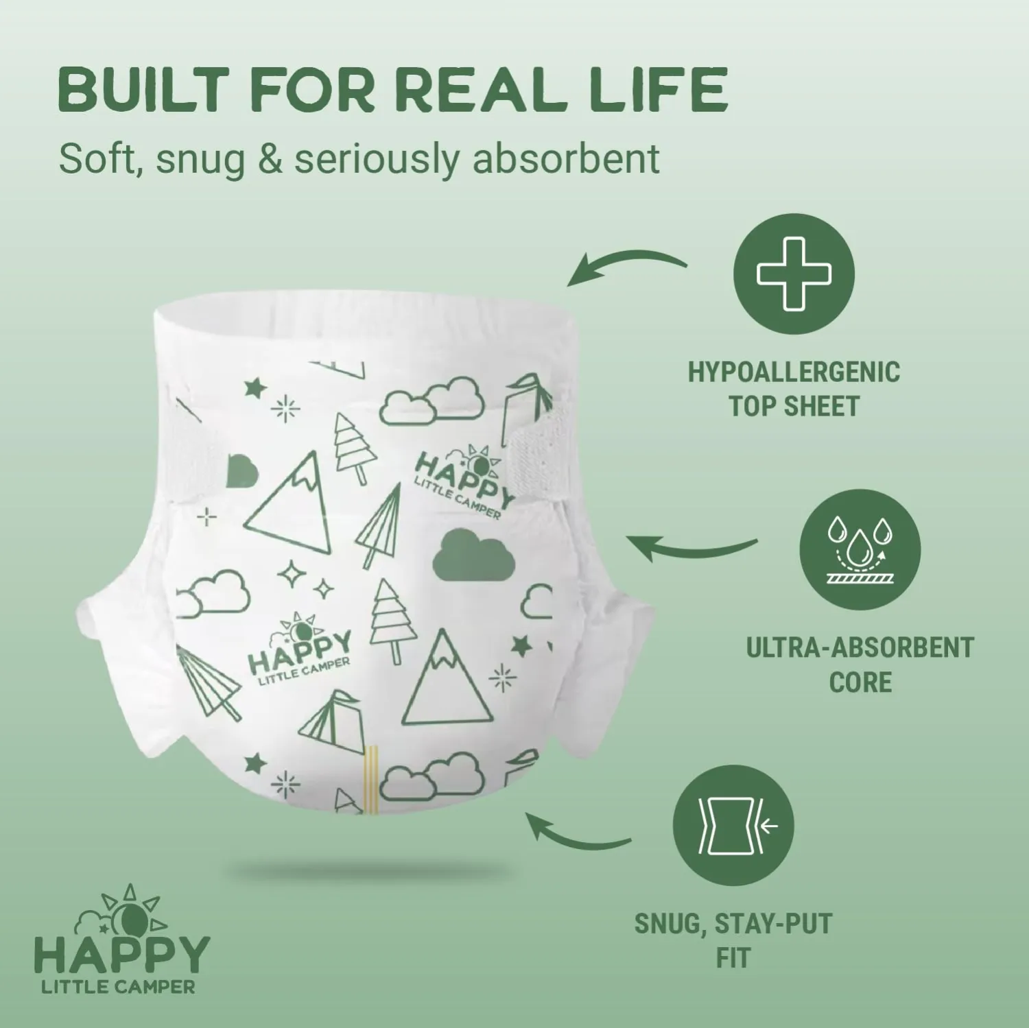Happy Little Camper Super Saver Diapers, Size 1, 25 Count | Budget-Friendly Disposable Baby Diapers for Sensitive Skin | Hypoallergenic, Fragrance-Free, Ultra Absorbent