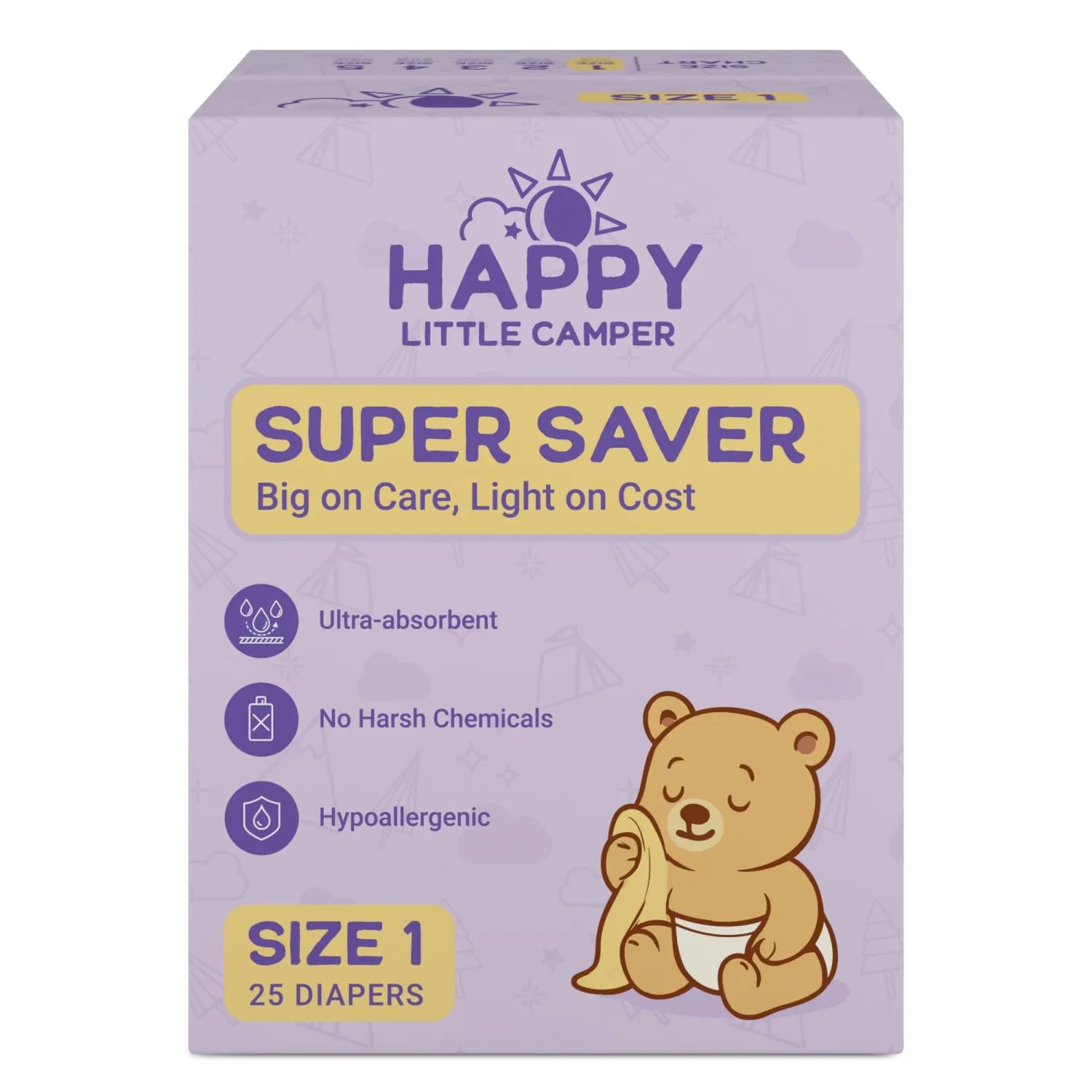 Happy Little Camper Super Saver Diapers, Size 1, 25 Count | Budget-Friendly Disposable Baby Diapers for Sensitive Skin | Hypoallergenic, Fragrance-Free, Ultra Absorbent