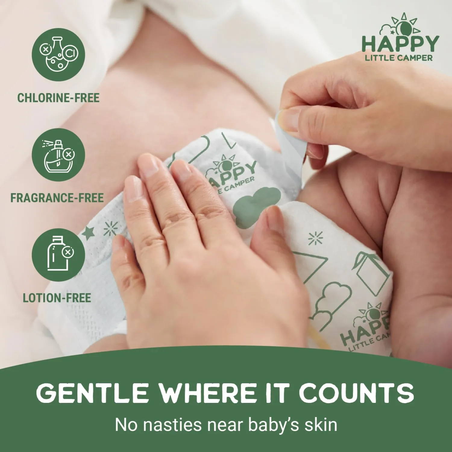 Happy Little Camper Super Saver Diapers, Size 1, 25 Count | Budget-Friendly Disposable Baby Diapers for Sensitive Skin | Hypoallergenic, Fragrance-Free, Ultra Absorbent