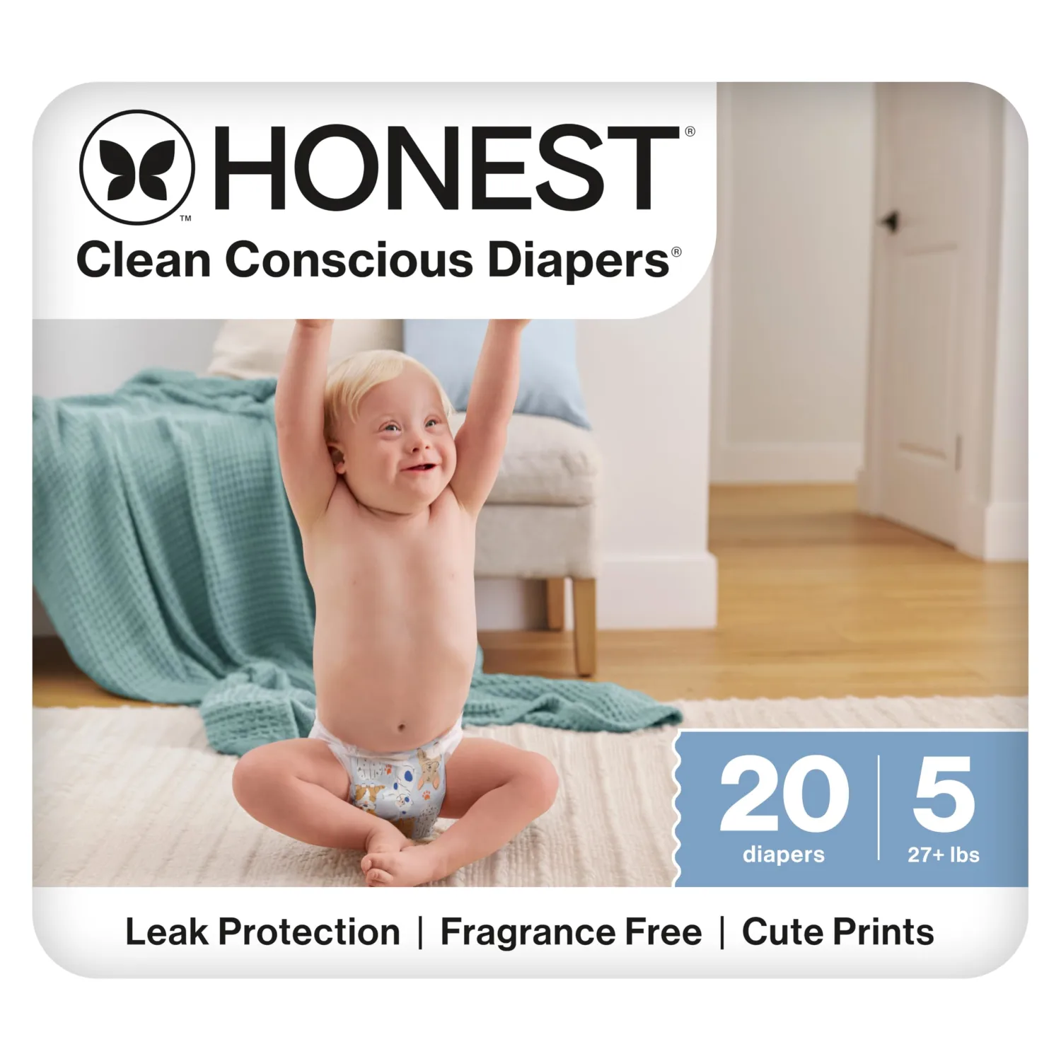 The Honest Company Clean Conscious Diapers for Delicate Skin | Up to 100% Leakproof | Hypoallergenic, Fragrance Free | It's a Pawty | Polybag, Size 5 (27+ lbs), 20 Count