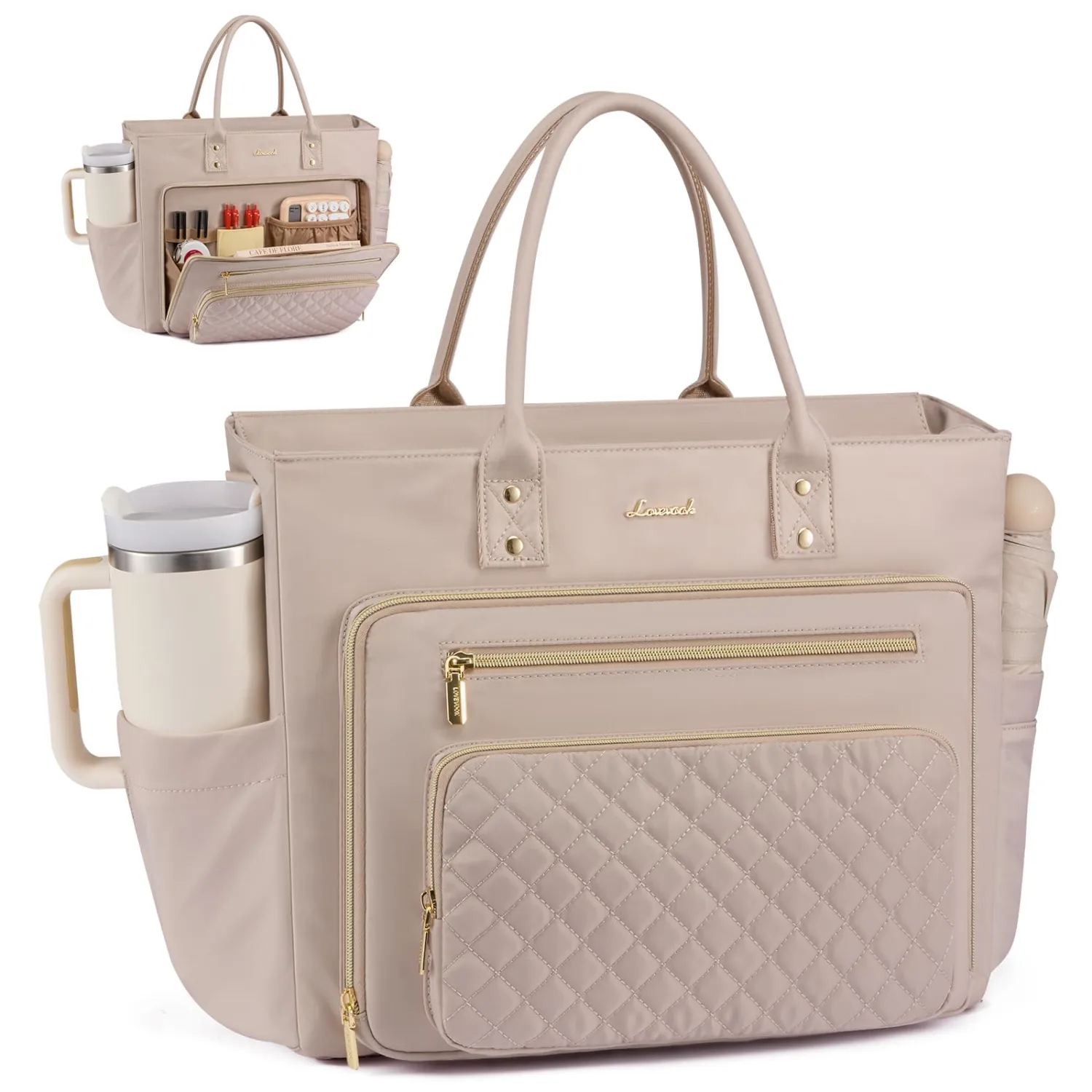 LOVEVOOK Teacher Tote Bag for Women Work, Laptop Bag With Large Cup Holder, Nurse Bags Professional Briefcase Business Computer Purses Handbag,Light Pink,15.6 Inch