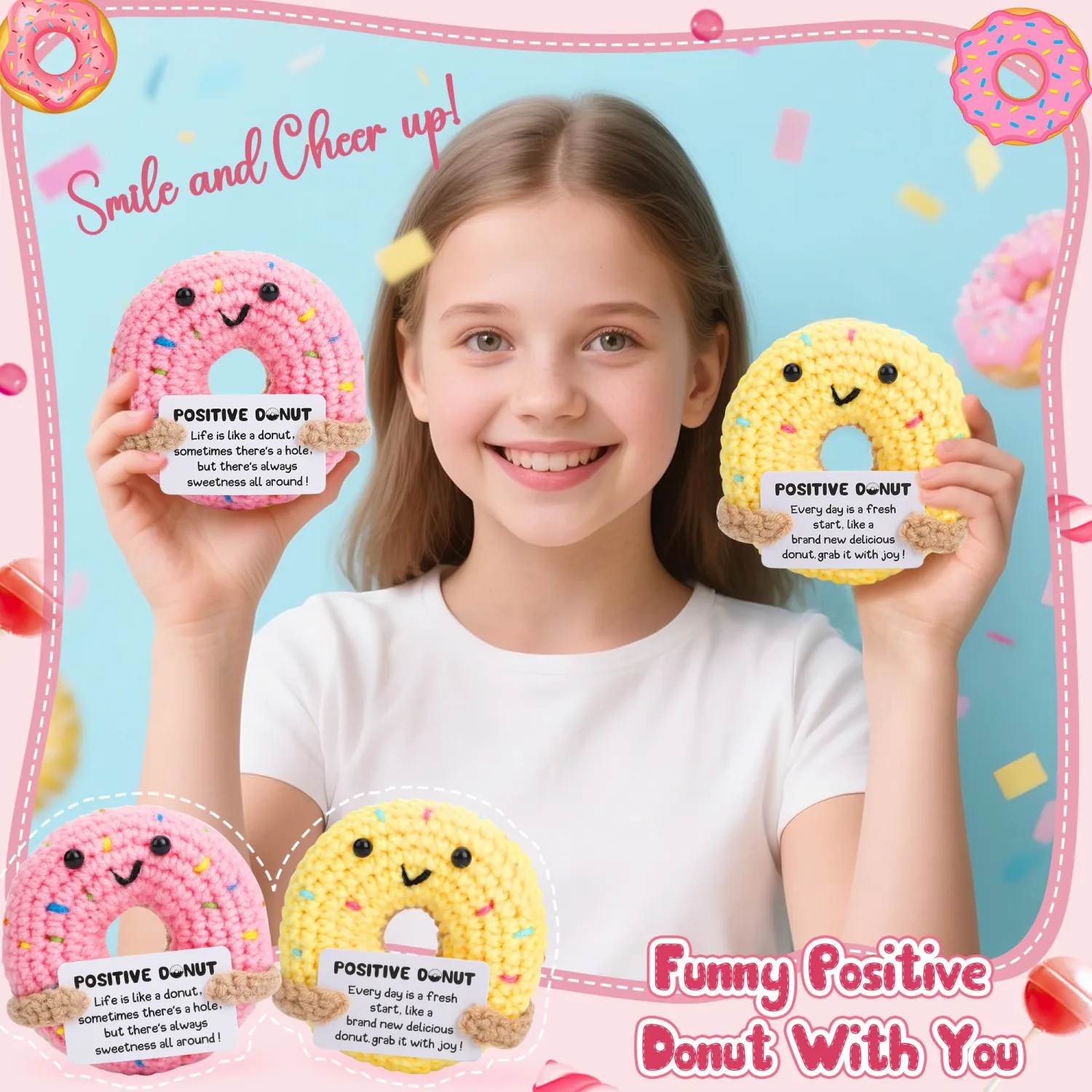 2 Pack Positive Donut Crochet Gift - Emotional Inspirational Support Small Cute Crochet Donut with Card, Funny Positive Gifts for Graduation Anniversary Lover Wedding Coworker