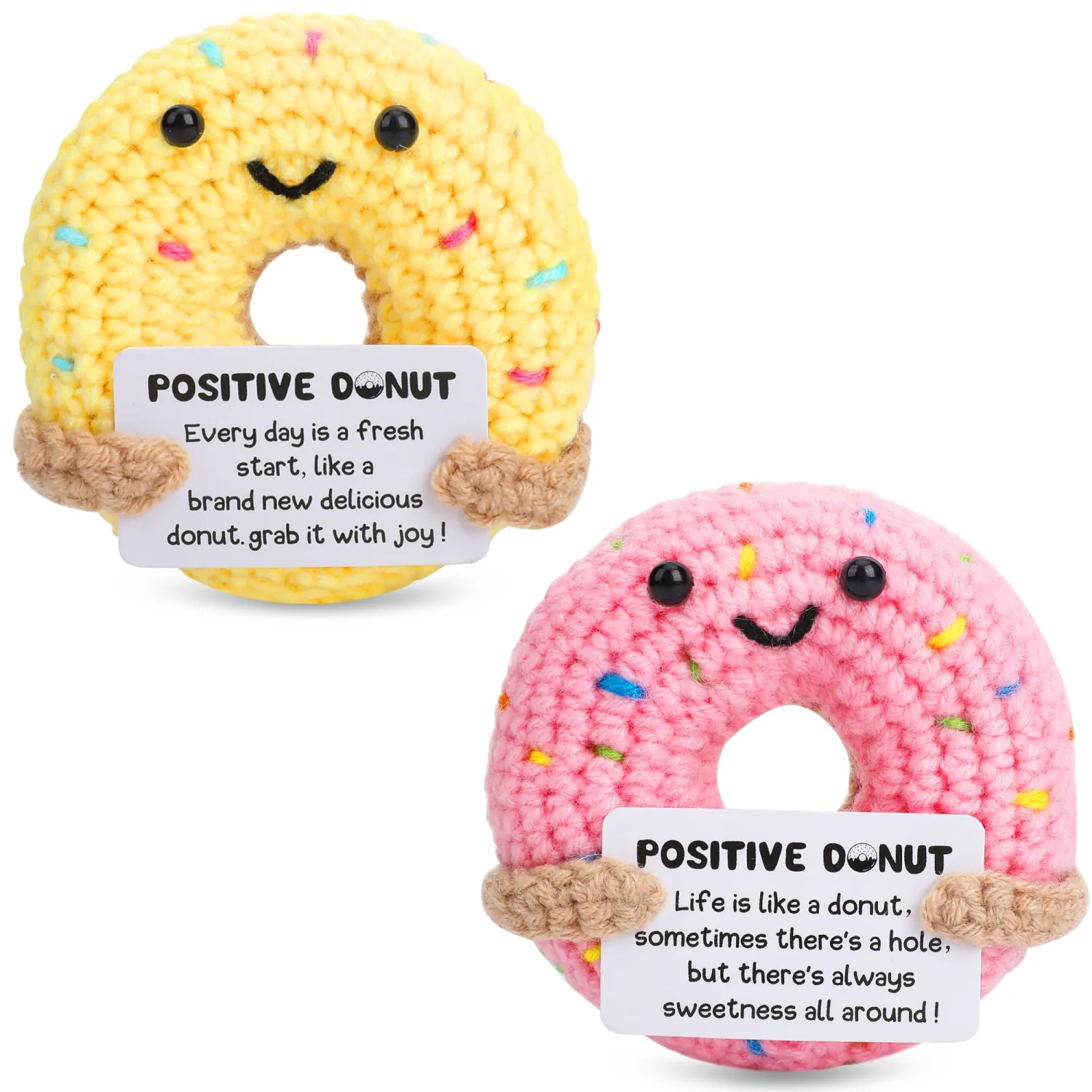 2 Pack Positive Donut Crochet Gift - Emotional Inspirational Support Small Cute Crochet Donut with Card, Funny Positive Gifts for Graduation Anniversary Lover Wedding Coworker