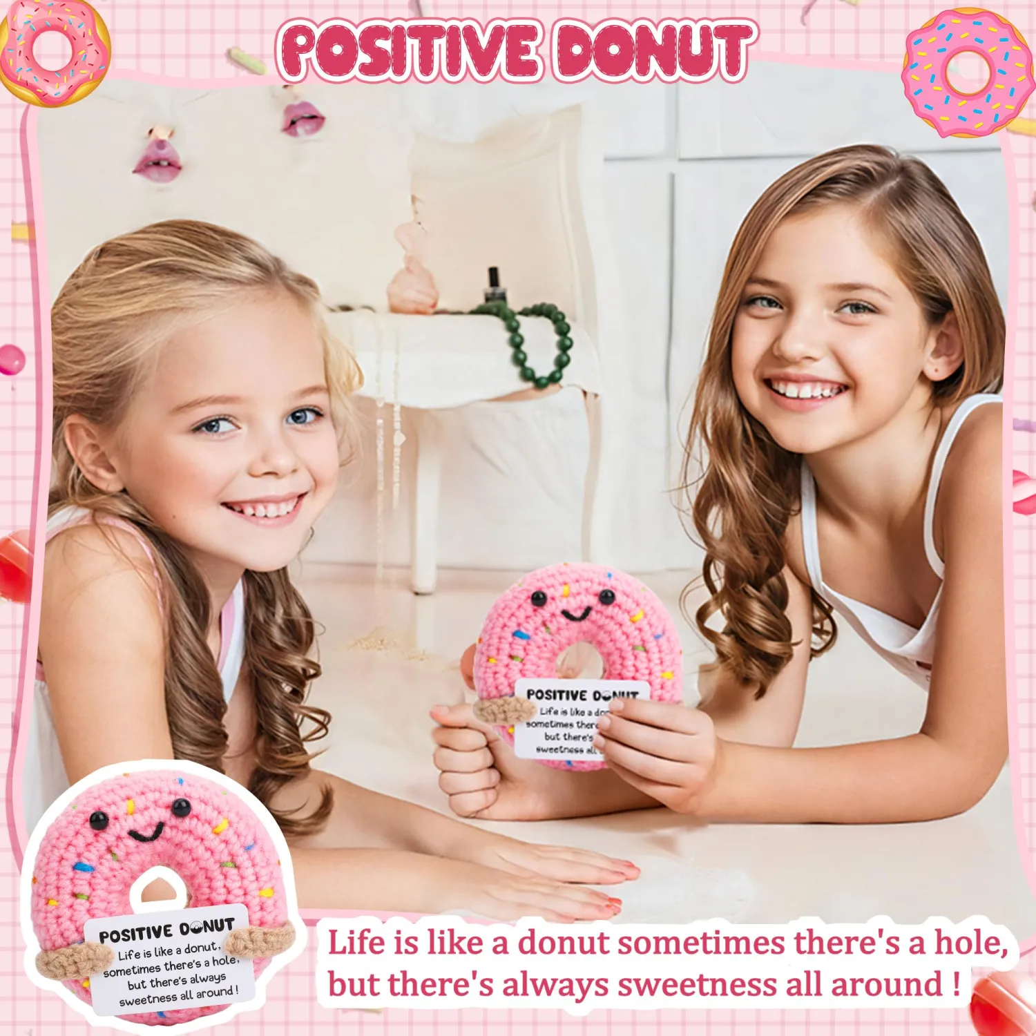 2 Pack Positive Donut Crochet Gift - Emotional Inspirational Support Small Cute Crochet Donut with Card, Funny Positive Gifts for Graduation Anniversary Lover Wedding Coworker