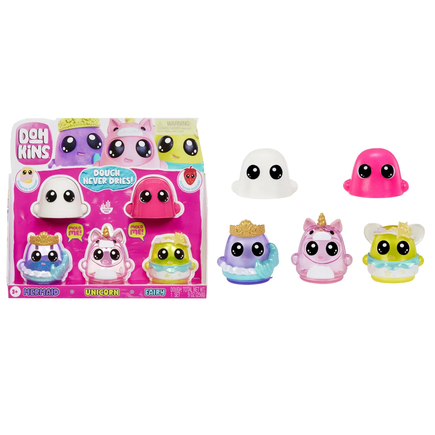 MGA Entertainment DohKins Fantasy Pack Characters, Mermaid, Unicorn, Fairy - Dough Never Dries, Ages 2+