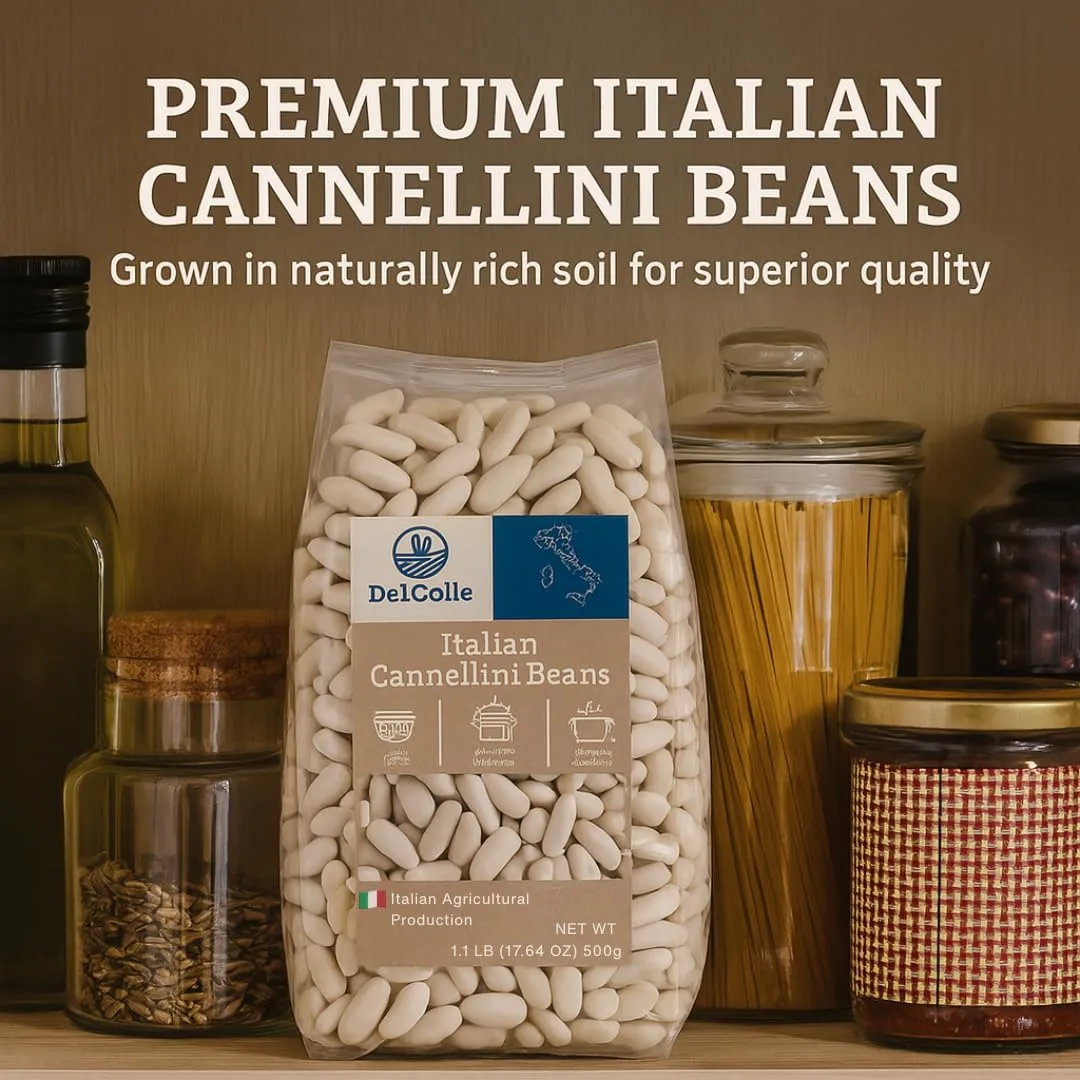 Del Colle Italian Cannellini Beans – Premium Italian Dry White Kidney Beans for Soups, Pasta, Salads & Side Dishes - All Natural – 1.1 lb (500g) Bag – Product of Italy