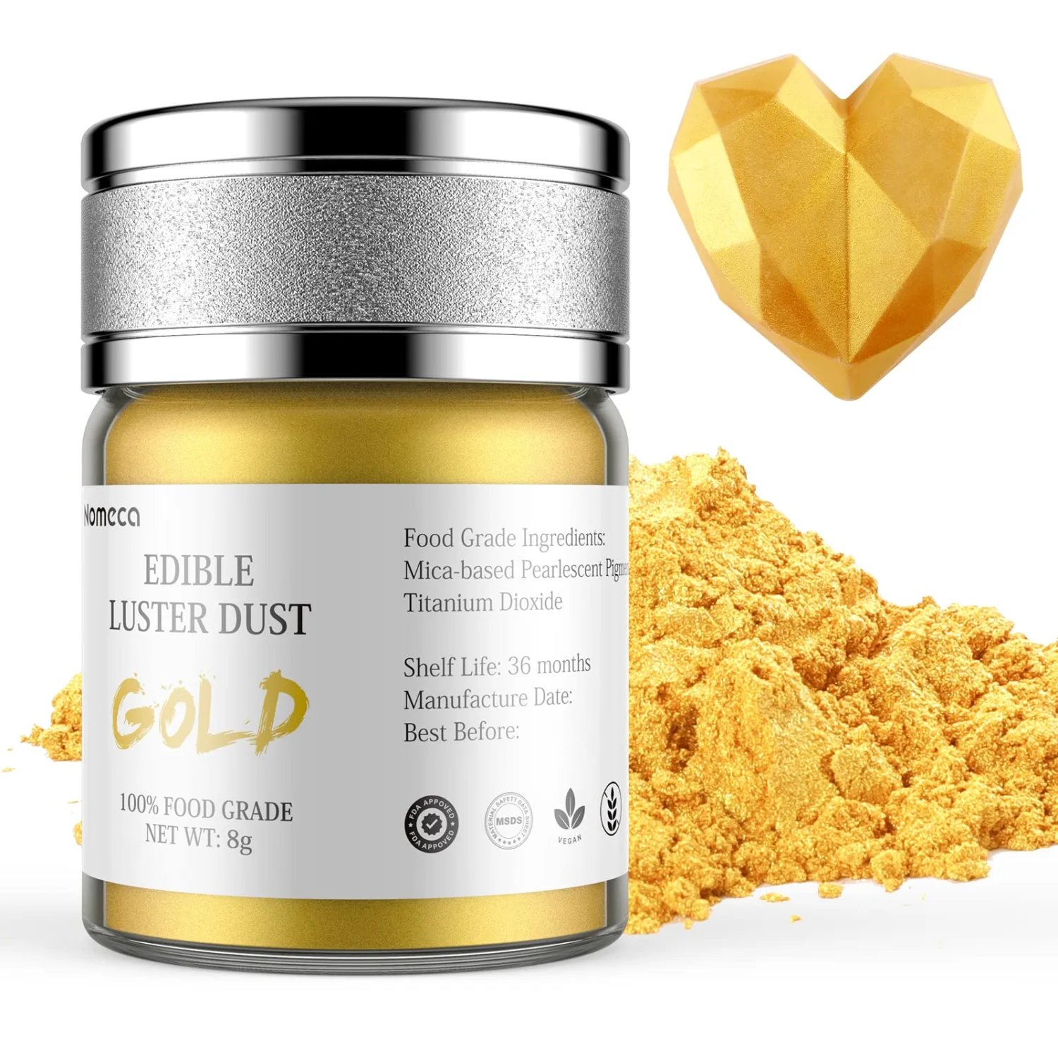 Nomeca Edible Luster Dust, 8 Grams Food Grade Gold Cake Dust Metallic Shimmer Christmas Food Coloring Powder for Cake Decorating, Baking, Fondant, Gumpaste, Chocolate, Candy, Drinks, Cookies - Gold