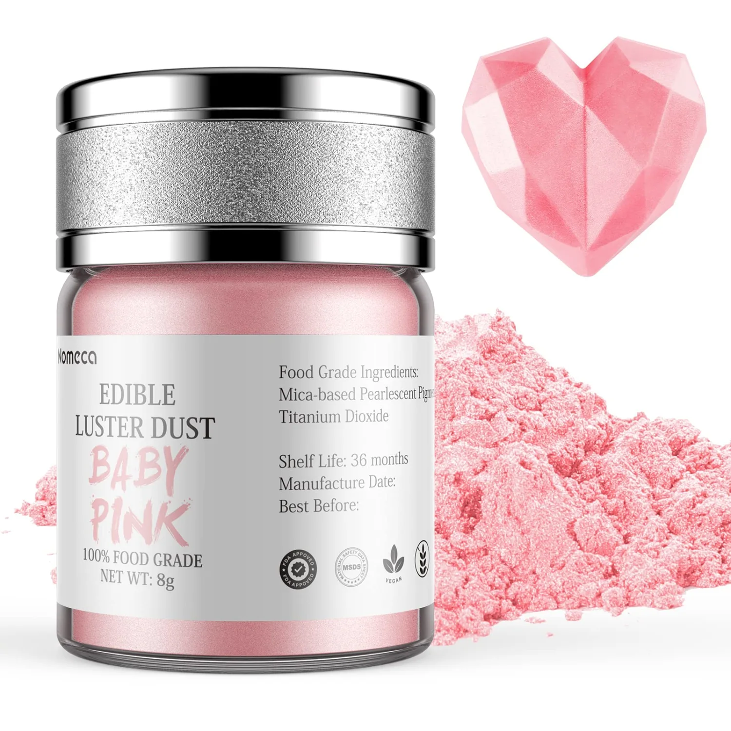 Nomeca Edible Luster Dust, 8 Grams Food Grade Shimmer Gold Cake Dust Metallic Food Coloring Powder for Cake Decorating, Baking, Fondant, Gumpaste, Chocolate, Candy, Drinks, Cookies - Pink