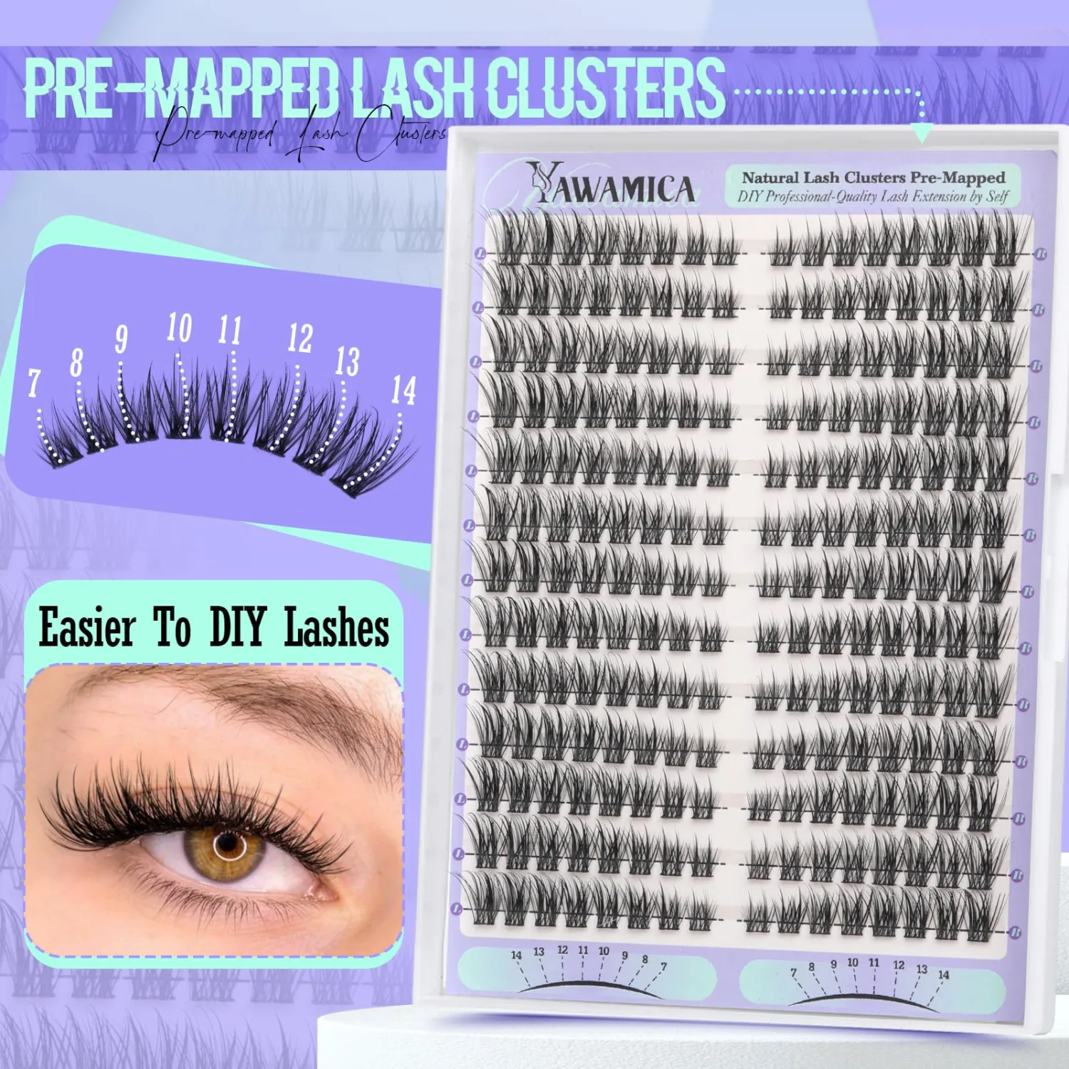 Yawamica Natural Lash Clusters Cat Eye Lash Extension 7-14mm Wispy Eyelash Clusters C Curly Individual Lashes Pre-mapped Cluster Lashes Left Right Cluster Eyelash Extensions DIY Lashes Natural Look