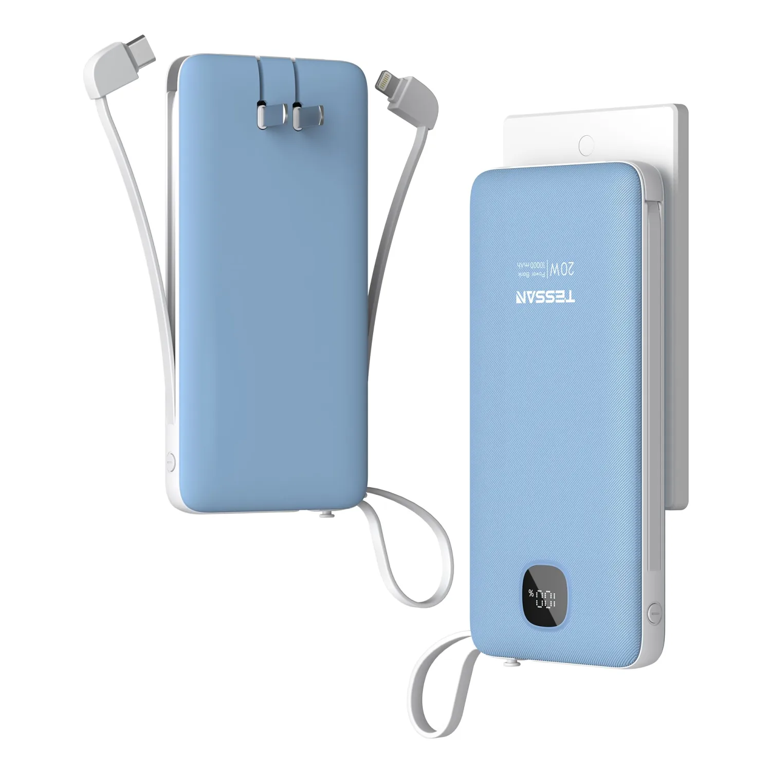 TESSAN Portable Charger with Built in Cables, 10000mAh Power Bank Fast Charging with Foldable AC Plug, 20W Compact Battery Pack Travel Essentials for iPhone 16/15 Series, Samsung, Tablets, Blue