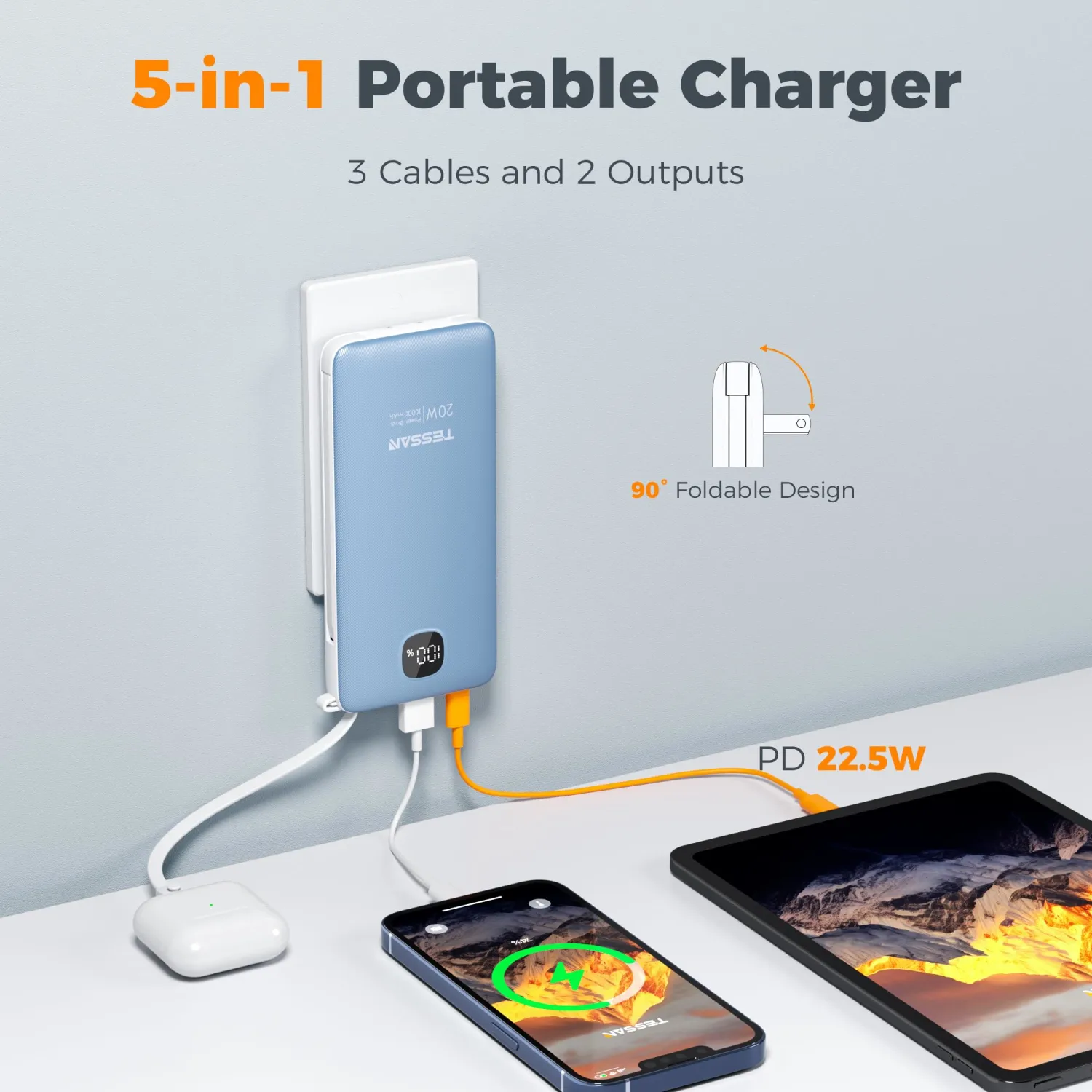 TESSAN Portable Charger with Built in Cables, 10000mAh Power Bank Fast Charging with Foldable AC Plug, 20W Compact Battery Pack Travel Essentials for iPhone 16/15 Series, Samsung, Tablets, Blue