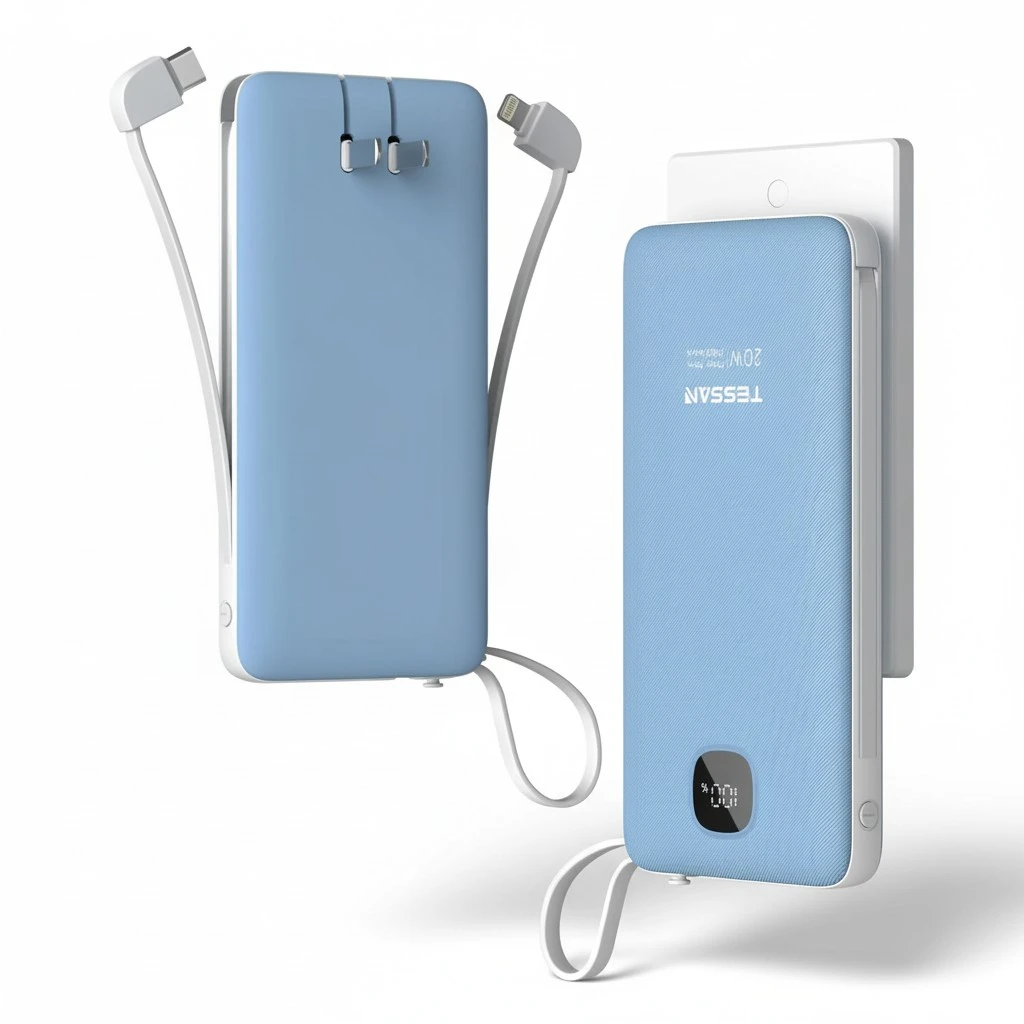 TESSAN Portable Charger with Built in Cables, 10000mAh Power Bank Fast Charging with Foldable AC Plug, 20W Compact Battery Pack Travel Essentials for iPhone 16/15 Series, Samsung, Tablets, Blue
