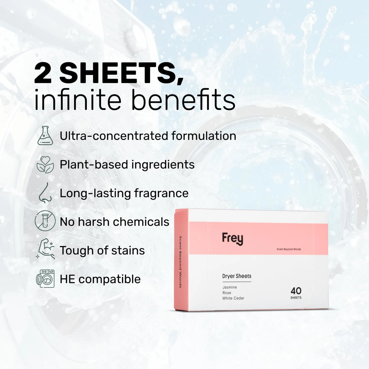 FREY Naturally Scented Dryer Sheets - Fabric Softener for Soft, Fresh & Clean Clothes (1-pack, Jasmine Rose)