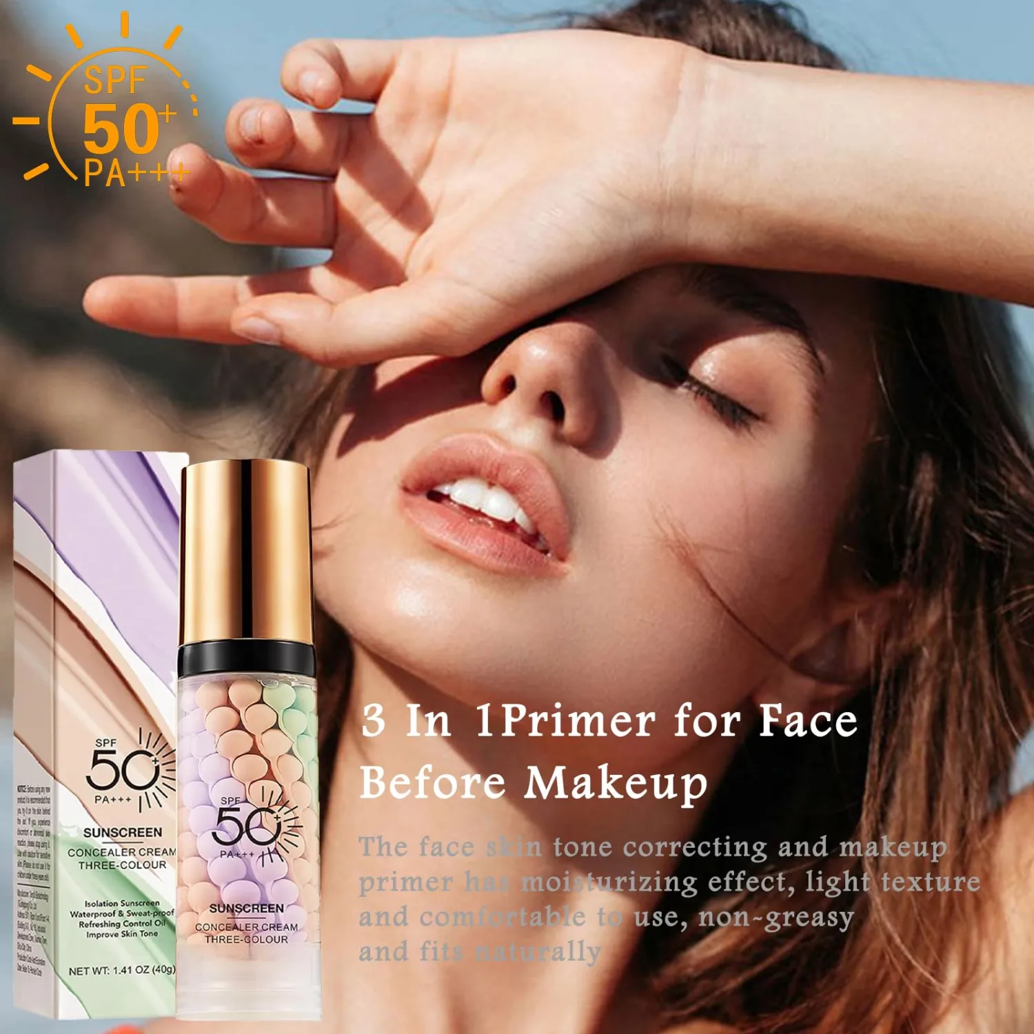 One Step Color Corrector Primer, 3 In 1 Primer for Face Before Makeup, Face Tinted Moisturizer Sunscreen Isolation Cream,SPF 50,Makeup Primer Oil Control & Concealer Skin Tone Correcting,Radiance Skin
