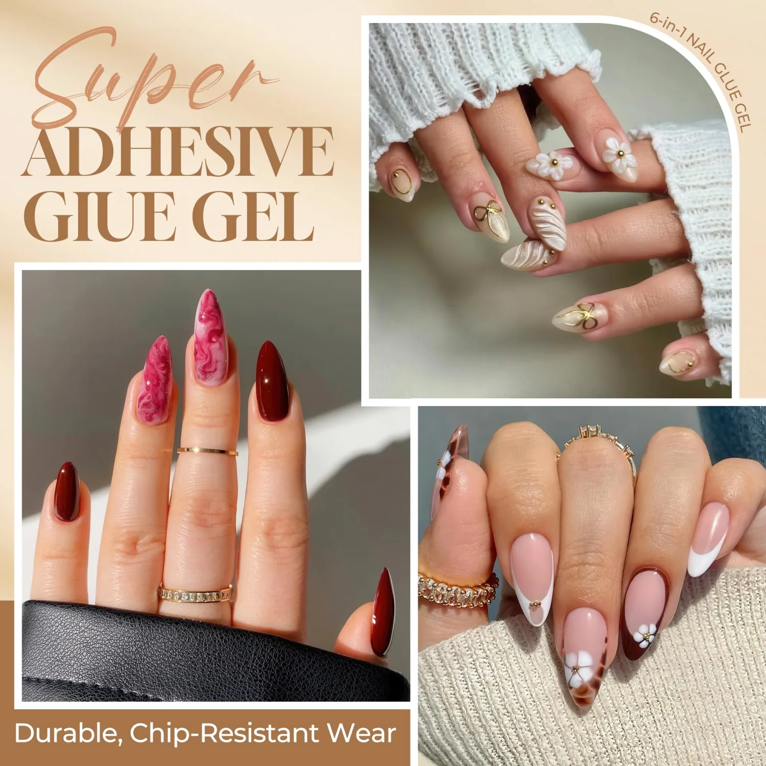 UNA GELLA 6 in 1 Gel Nail Glue for Nails Tips 10ml Long Lasting U V Nail Glue Super Strong Brush On Glue for Base Blooming Gel for Clear False Nail Tips and Press on Acrylic Nails Need Light Cured