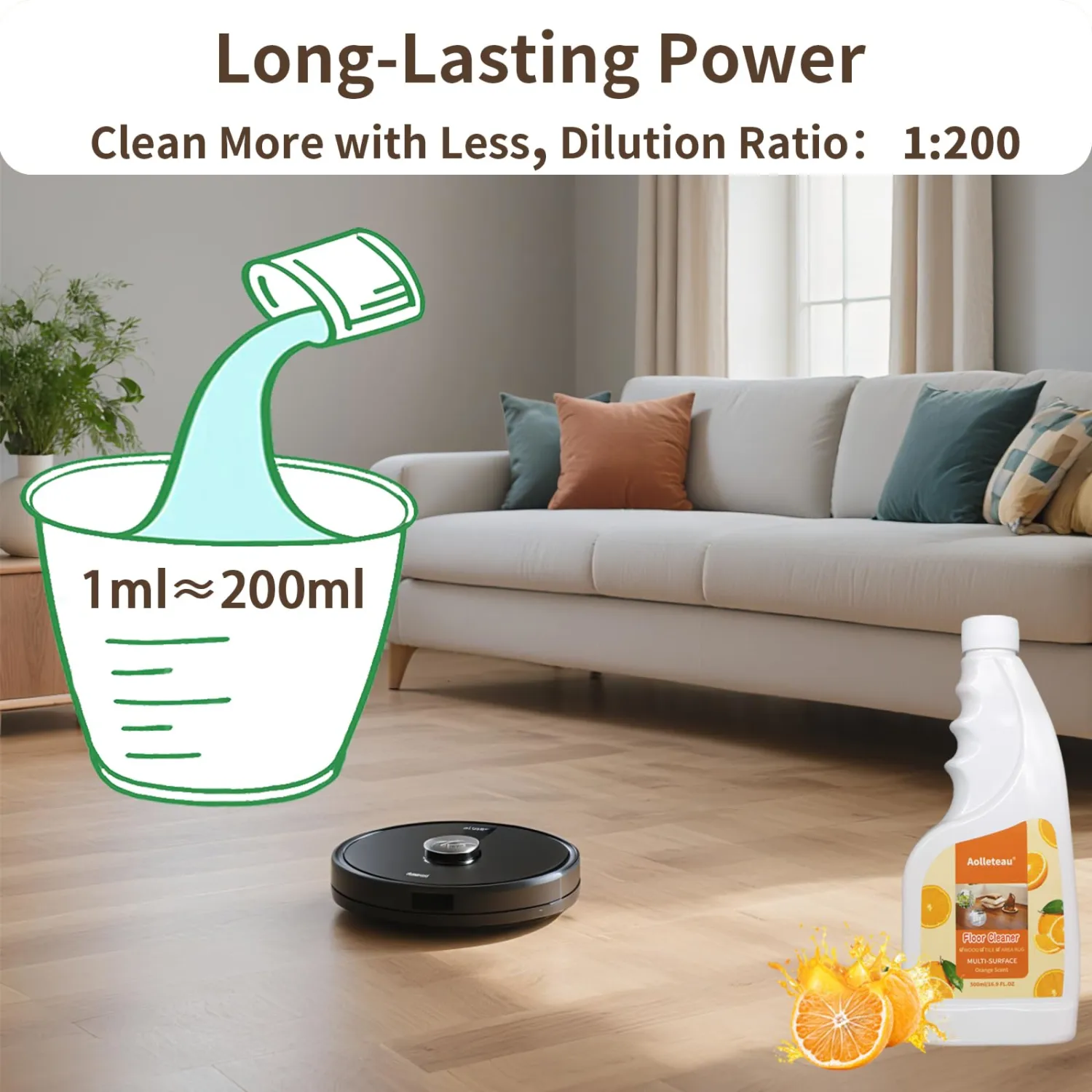 Floor Cleaner Compatible with Roborock, Eufy, Dreame, iRobot Roomba Robot Vaccum and Mop, Wet Dry Vacuums and Wetjet Mops, 16.9 FL.oz, Concentrate, Dilution Ratio 1:200, Orange Scent