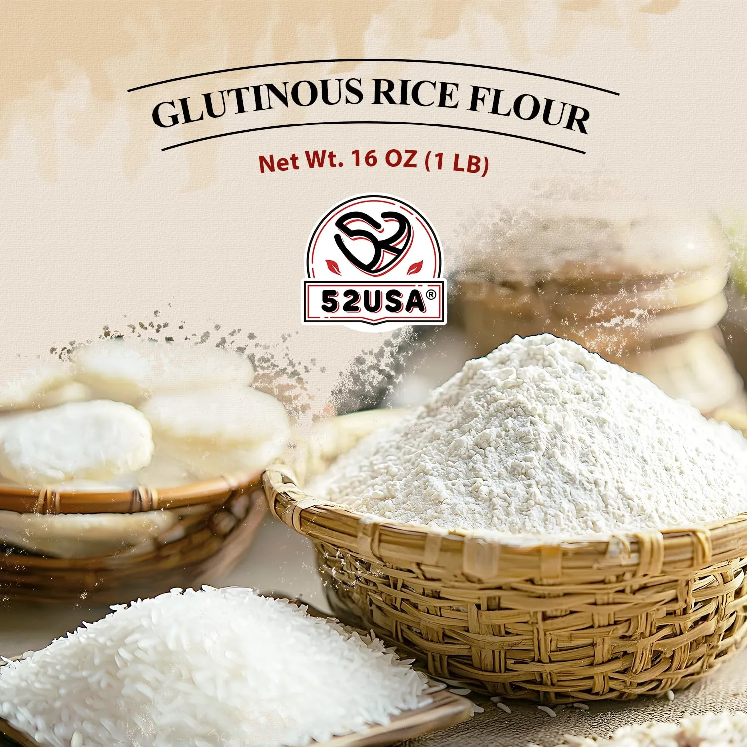 52USA Glutinous Rice Flour 32 Ounce (Basic), 2 Pound (Pack of 2), Rice Flour for Baking or Cooking, Product of THAILAND, All Natural White Rice Flour, Vegan, With Bag
