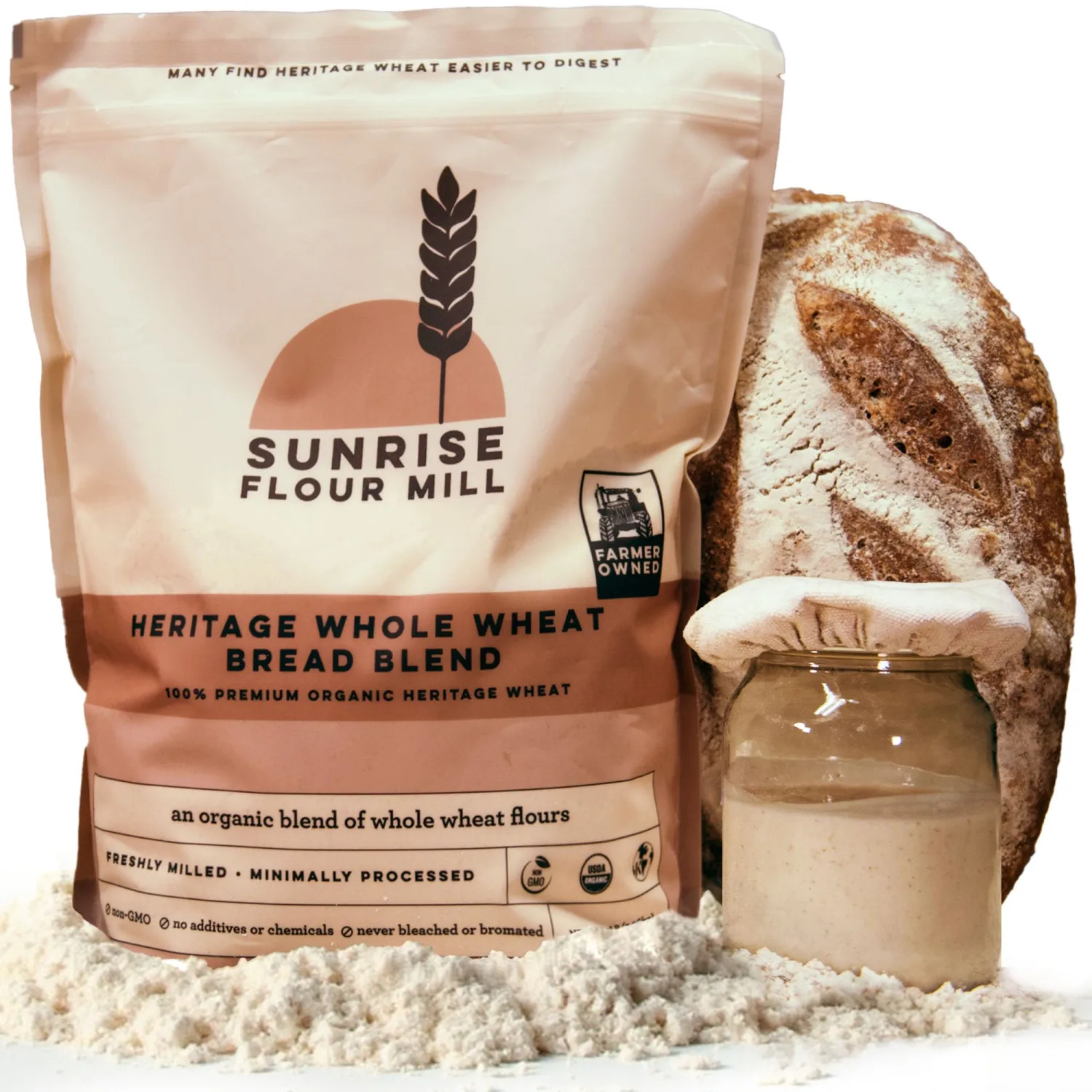 Sunrise Flour Mill Heritage Whole Wheat Bread Blend - 2 lb | USDA Organic All Purpose Flour Unbleached - Non-GMO, Kosher, Glyphosate Free, Ancient Grains, Bread Flour Organic.