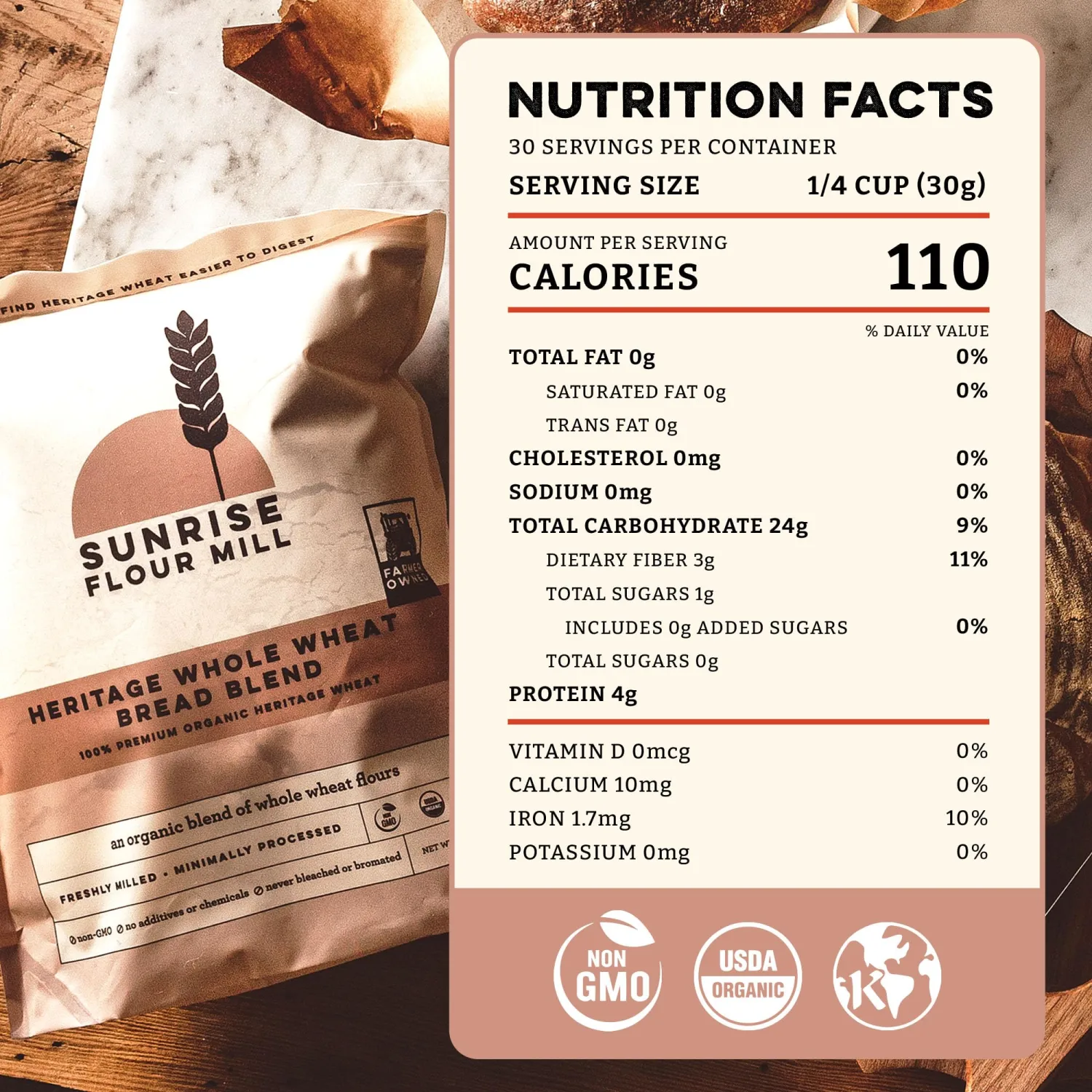 Sunrise Flour Mill Heritage Whole Wheat Bread Blend - 2 lb | USDA Organic All Purpose Flour Unbleached - Non-GMO, Kosher, Glyphosate Free, Ancient Grains, Bread Flour Organic.
