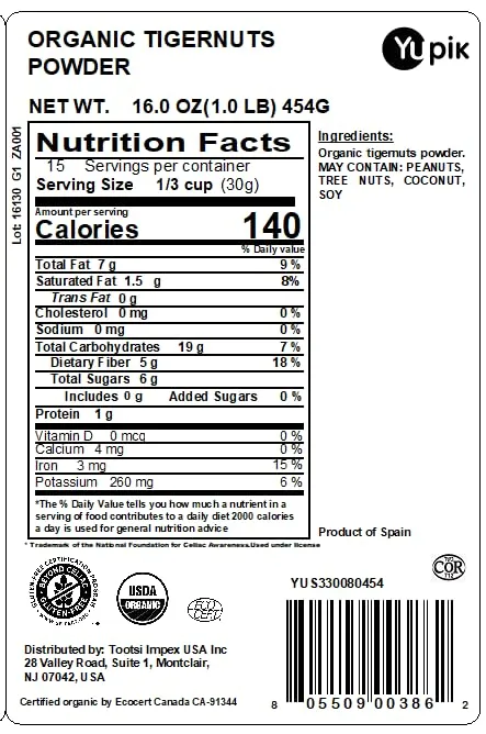 Yupik Organic Ground Tigernuts Powder 1 lb (16 oz), USDA Certified, Gluten-Free, Raw, Vegan, Kosher, Non-GMO, Nutty & Mild Flour, Low-Calorie, Cholesterol-Free, Ideal for Baking & Granola