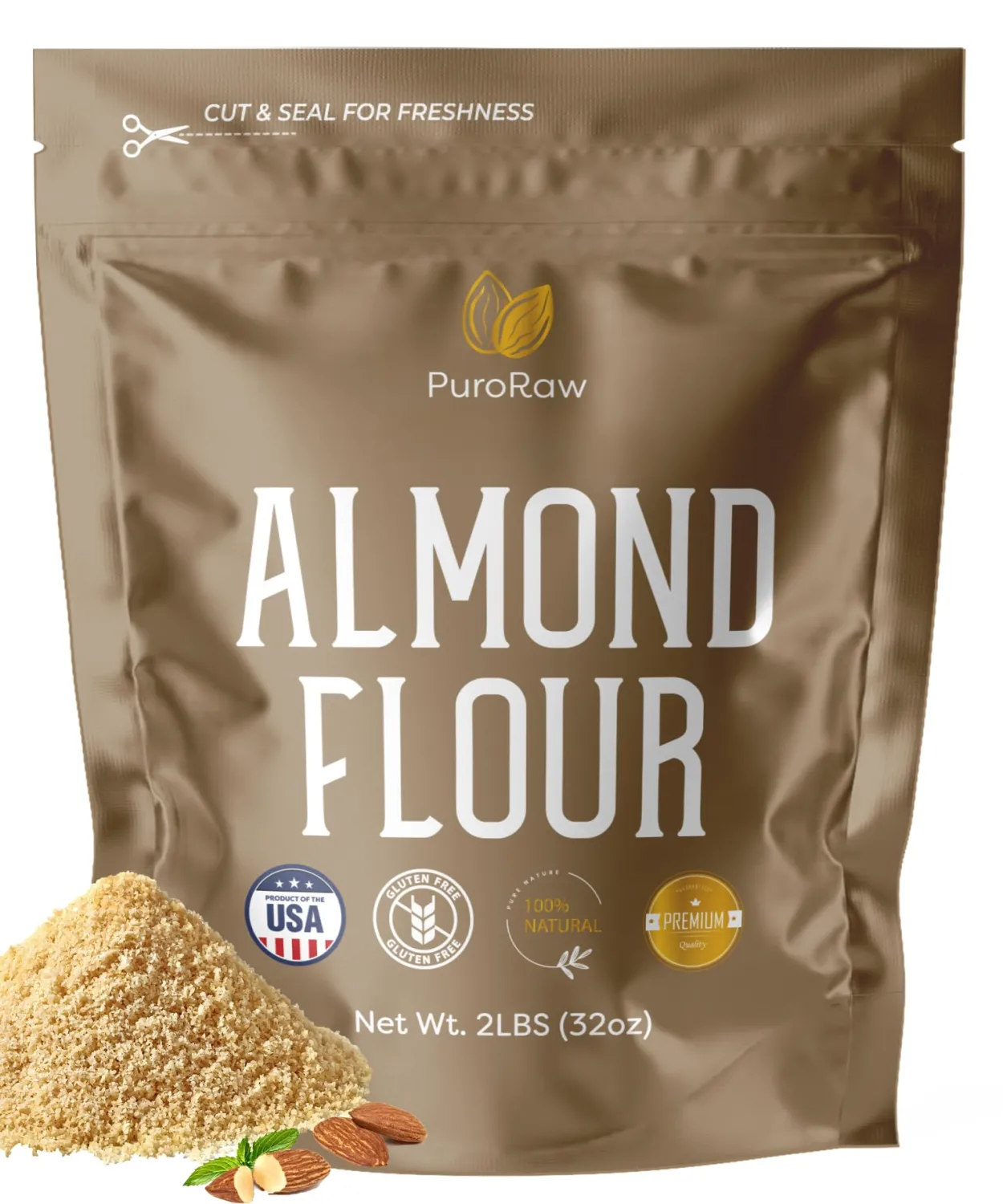 PuroRaw Almond Flour, 2lb, Blanched Almond Flour for Baking, Fine Almond Flour Keto, Almond Powder, Keto Flour, Almond Meal, Gluten Free Flour, Non-GMO, Batch Tested, 2 Pounds