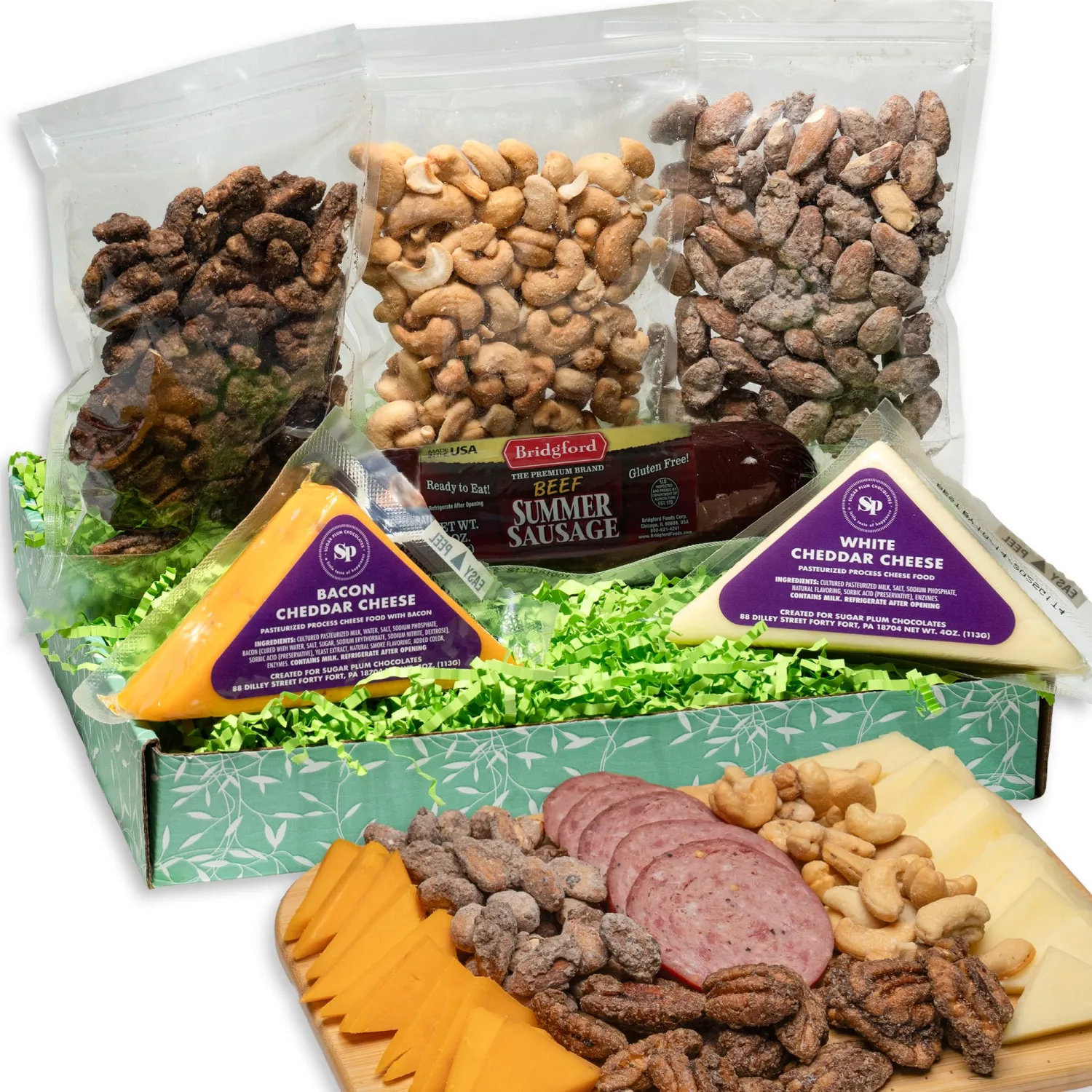 Sausage, Cheese and Nuts Gift Basket for Men, Women, Cashews, Almonds, Maple Pecans, 2 Cheeses, Summer Sausage - Birthday Gift for Men, Women, Family, Friends, Charcuterie