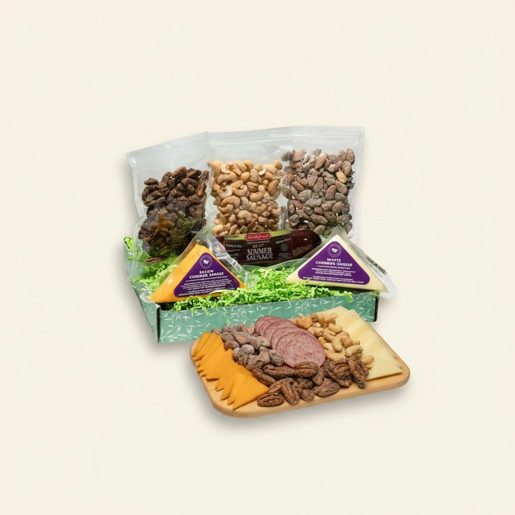 Sausage, Cheese and Nuts Gift Basket for Men, Women, Cashews, Almonds, Maple Pecans, 2 Cheeses, Summer Sausage - Birthday Gift for Men, Women, Family, Friends, Charcuterie
