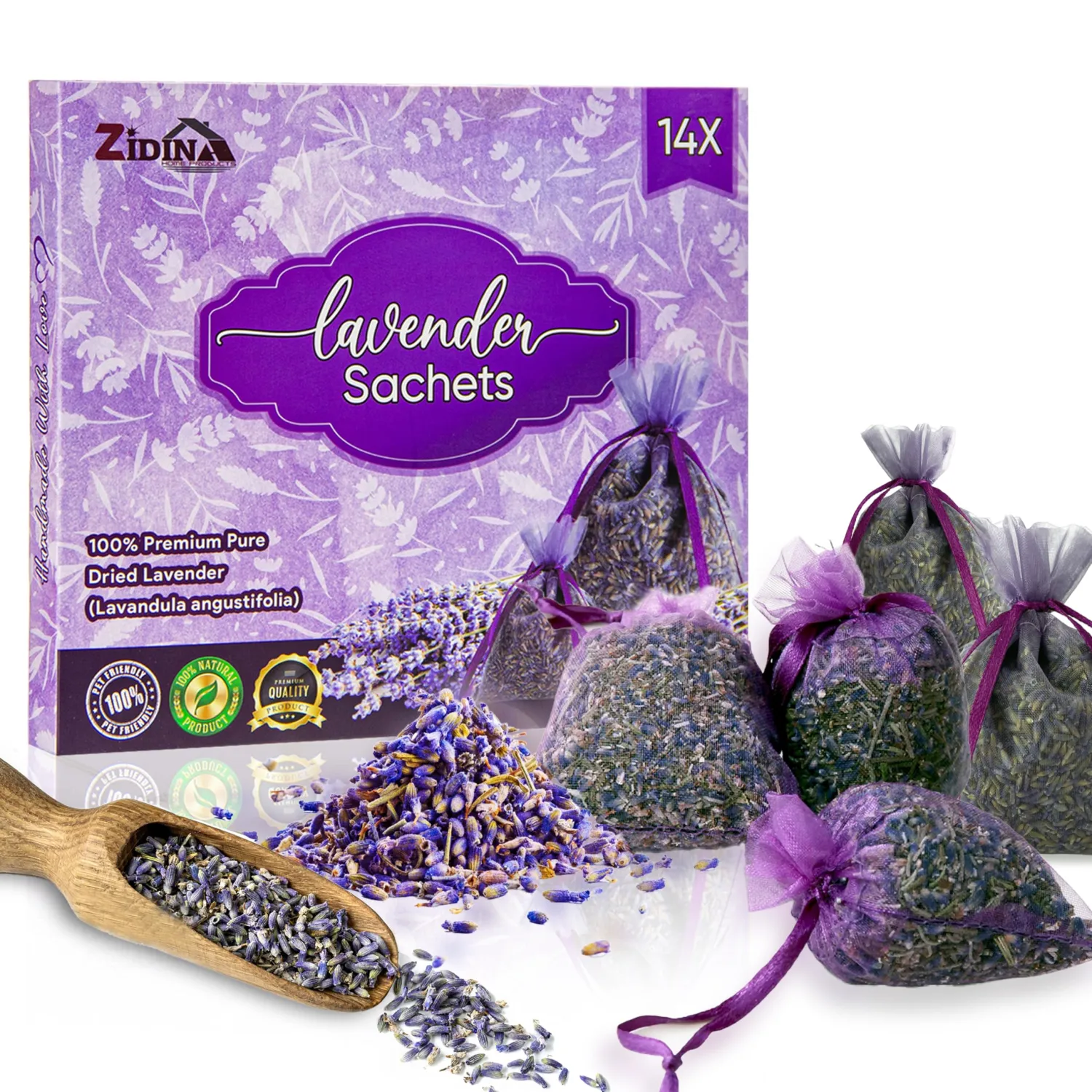 14 Pack Organic Lavender Sachet Bags for Drawers and Closets - Natural Fresh Dried Lavender French Potpourri Bags for Clothes Storage - Scented Sachets for Drawers, Wardrobes, Cars & Home.