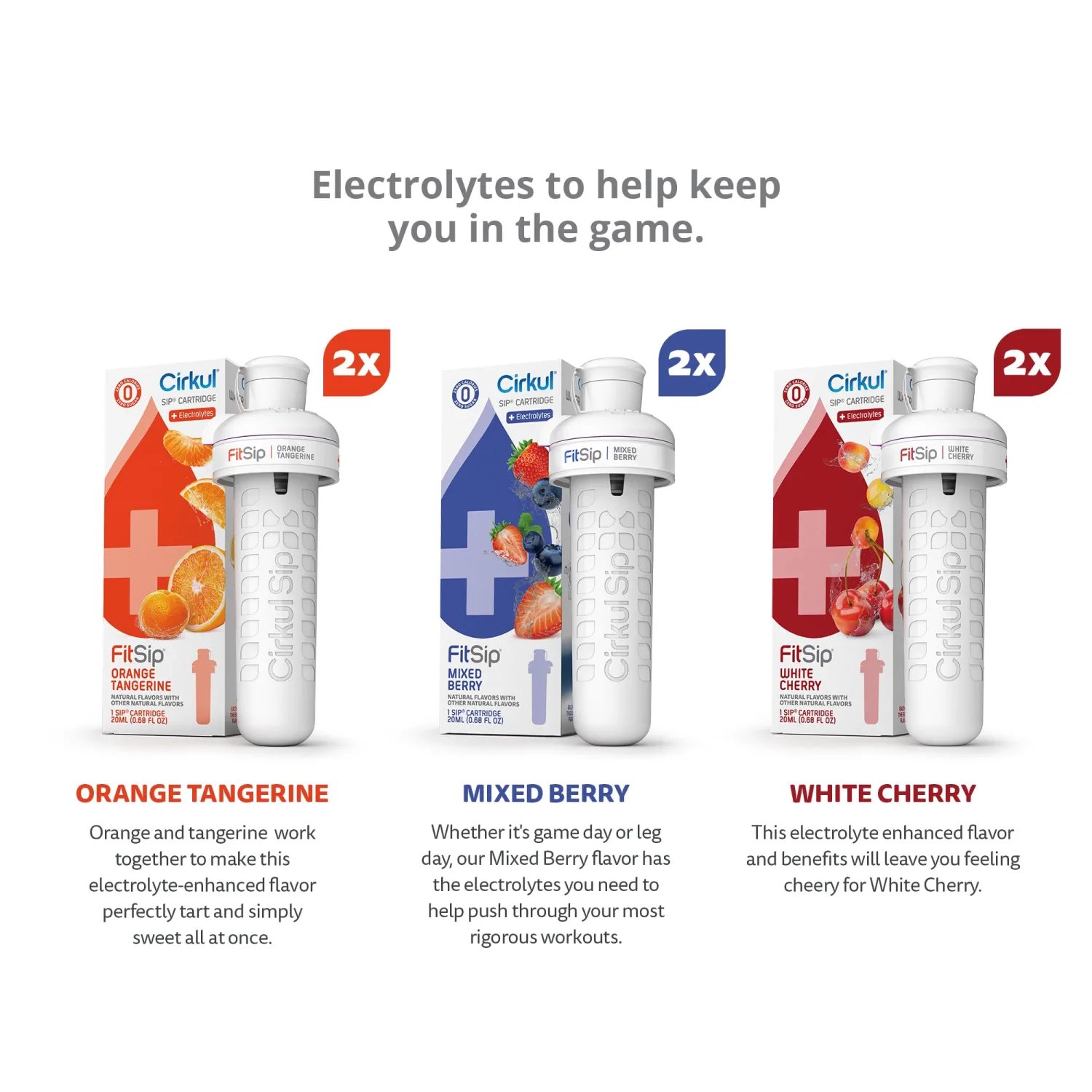 Cirkul FitSip Flavor Cartridge Variety Pack with Electrolytes, 6-Pack (2 Mixed Berry, 2 White Cherry, 2 Orange Tangerine), No Sugar, Zero Calorie Drink Mix