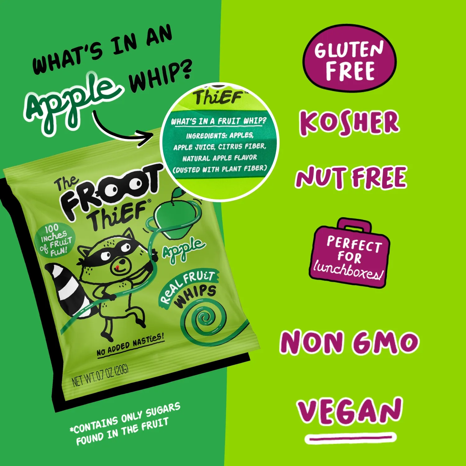 The FROOT Thief Real Fruit Snack Whips, Apple, Nut Free, Perfect for School Lunches and Snacks, Individual Bags Kids Snacks, 5 Pack