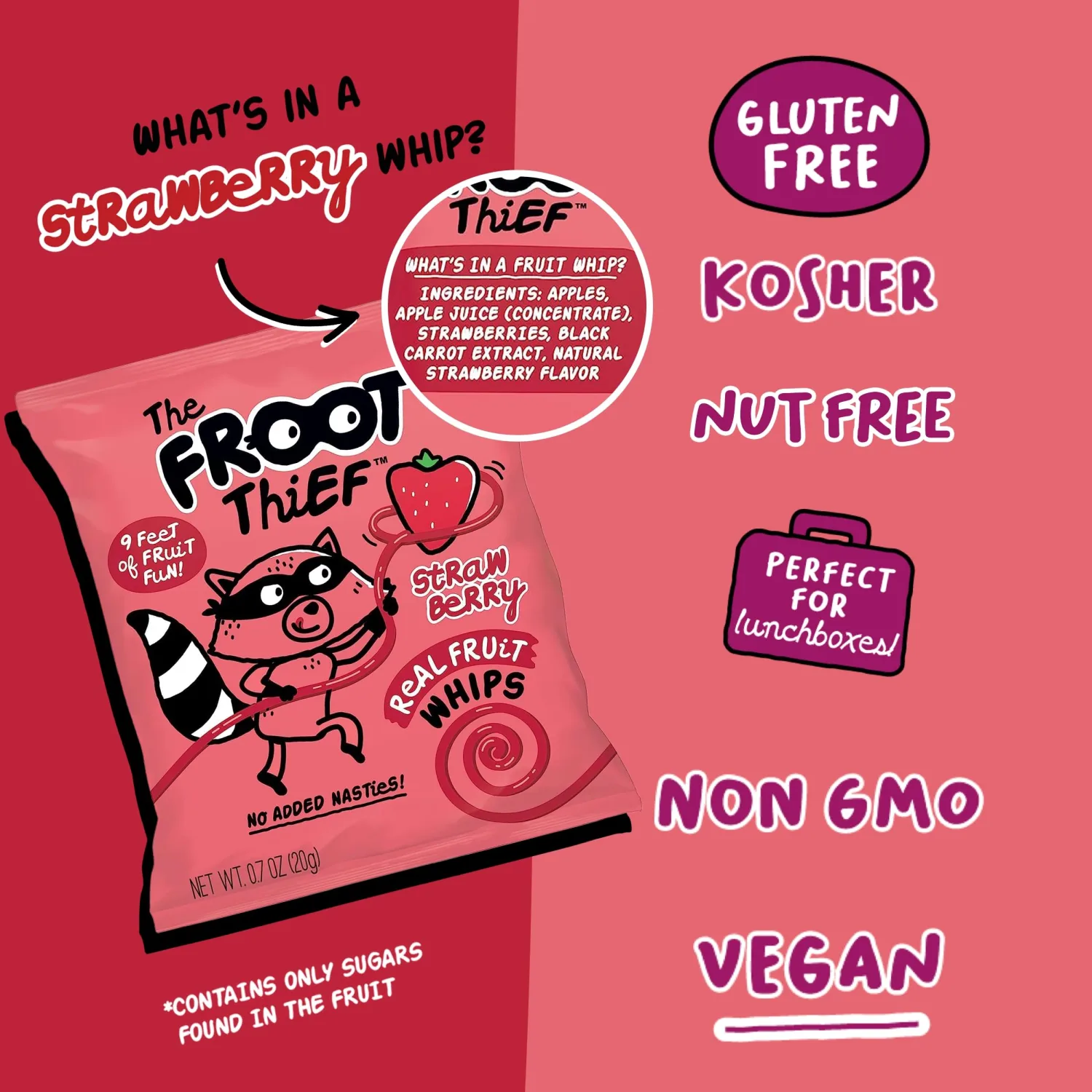 The FROOT Thief Real Fruit Snack Whips, Strawberry, Nut Free, Perfect for School Lunches and Snacks, Individual Bags Kids Snacks, 5 Pack