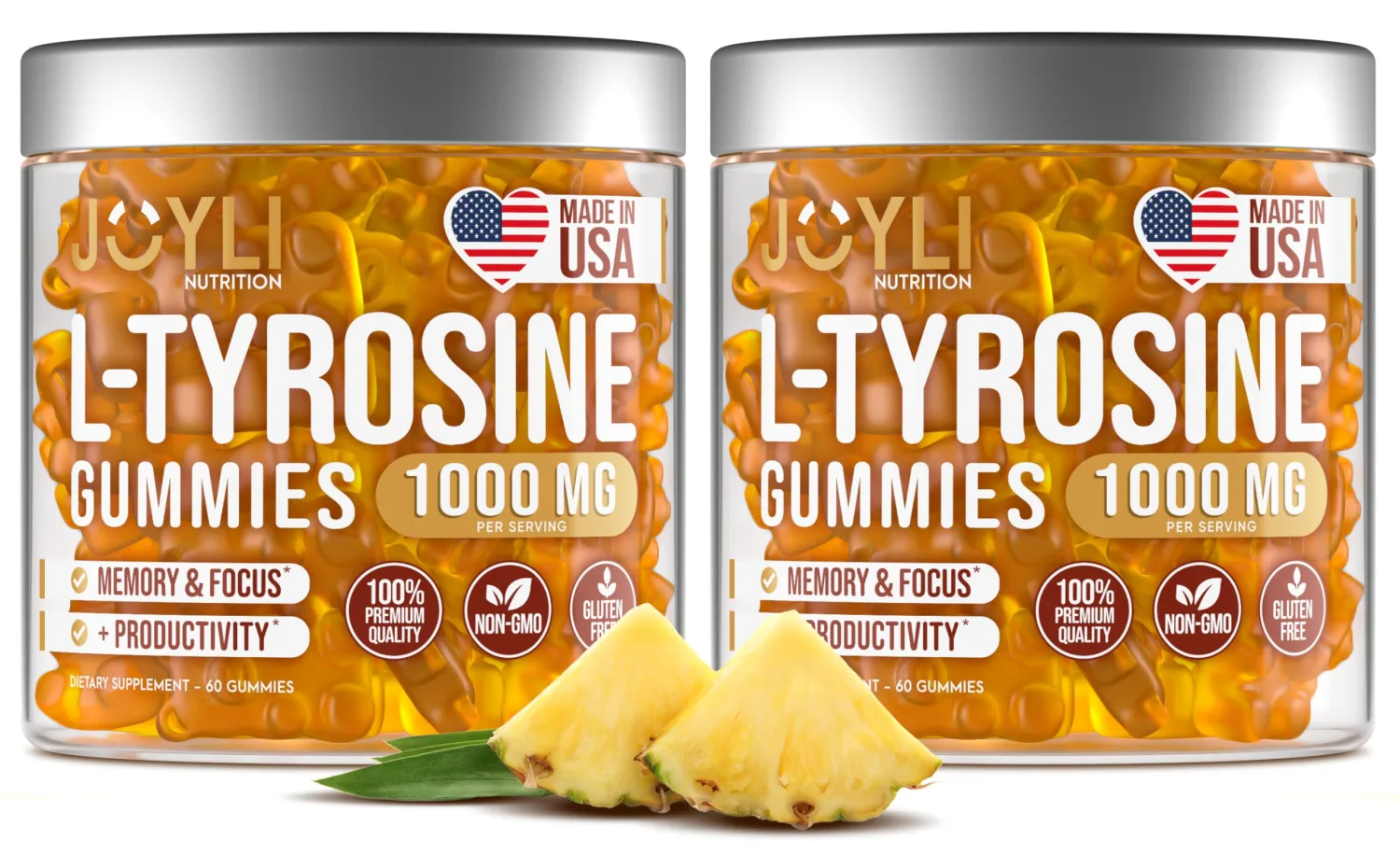 2 Pack - JOYLI L-Tyrosine Gummies 1000MG – Sugar-Free Vegan Focus Supplement & Mood Support Gummies for Kids & Adults – 500mg Per Gummy – Sleep Gummies for Memory, Energy & Wellness – 60 Pcs per Pack