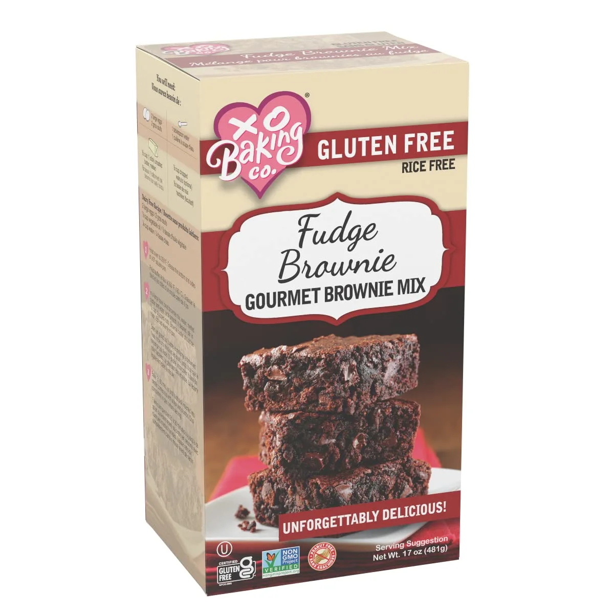 XO Baking Co. Gluten Free Fudge Brownie Gourmet Brownie Mix; Non-GMO; Kosher; Rice Free; Dairy Free; Peanut Free; No Preservatives; No Artificial Flavors or Colors, 17oz