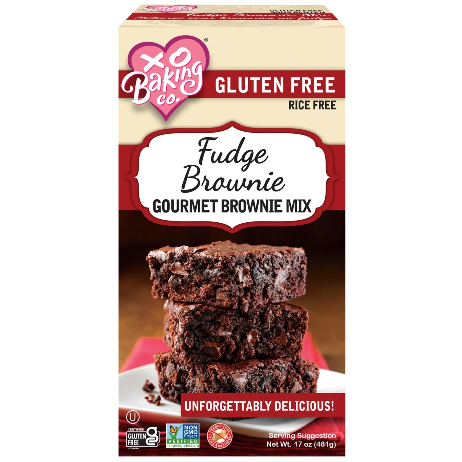 XO Baking Co. Gluten Free Fudge Brownie Gourmet Brownie Mix; Non-GMO; Kosher; Rice Free; Dairy Free; Peanut Free; No Preservatives; No Artificial Flavors or Colors, 17oz