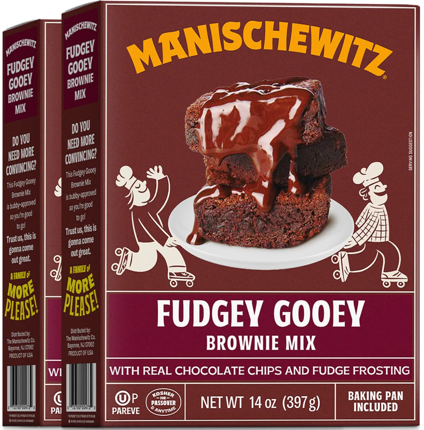 Manischewitz Fudgy Chocolate Brownie Mix With Fudge Frosting 12oz (2 Pack) | Grain Free, Kosher for Passover, Baking Pan Included