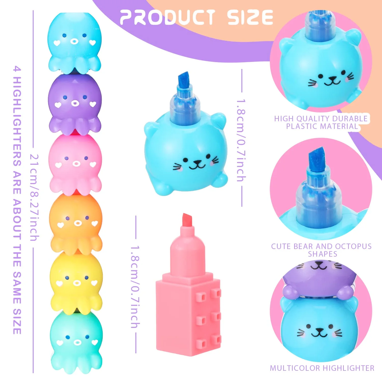 Teling 4 Pack 20 Pcs Cute Mini Highlighter Pens for School Stackable Kawaii Marker Pens Classroom Pastel Color Highlighters Cute Stationary Marker for Back to School Gift(Octopus, Blocks, Cat, Flower)