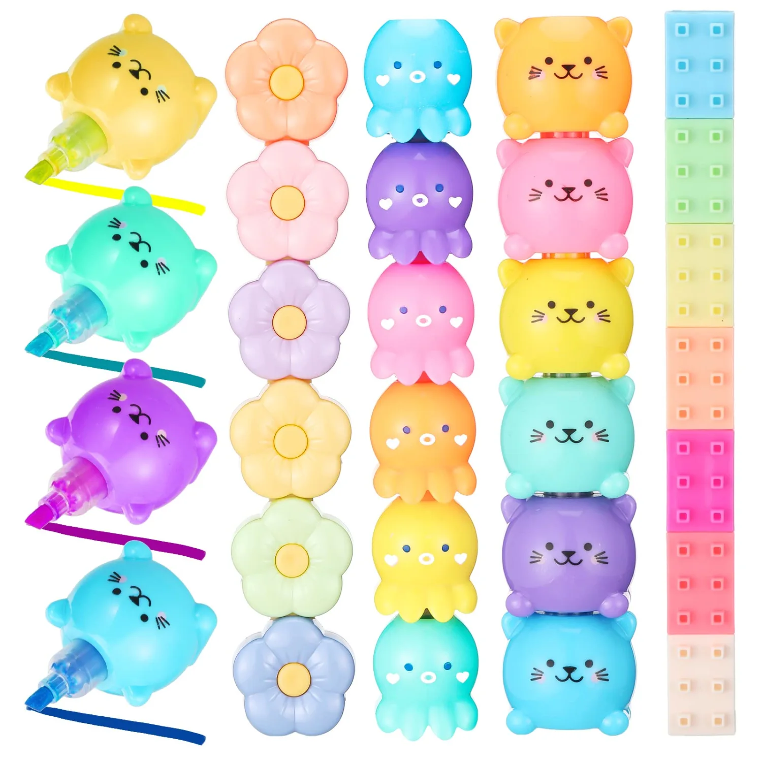 Teling 4 Pack 20 Pcs Cute Mini Highlighter Pens for School Stackable Kawaii Marker Pens Classroom Pastel Color Highlighters Cute Stationary Marker for Back to School Gift(Octopus, Blocks, Cat, Flower)