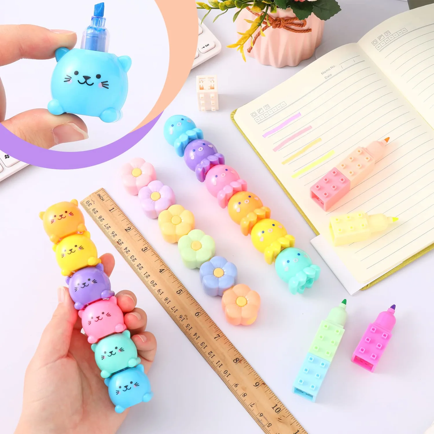 Teling 4 Pack 20 Pcs Cute Mini Highlighter Pens for School Stackable Kawaii Marker Pens Classroom Pastel Color Highlighters Cute Stationary Marker for Back to School Gift(Octopus, Blocks, Cat, Flower)