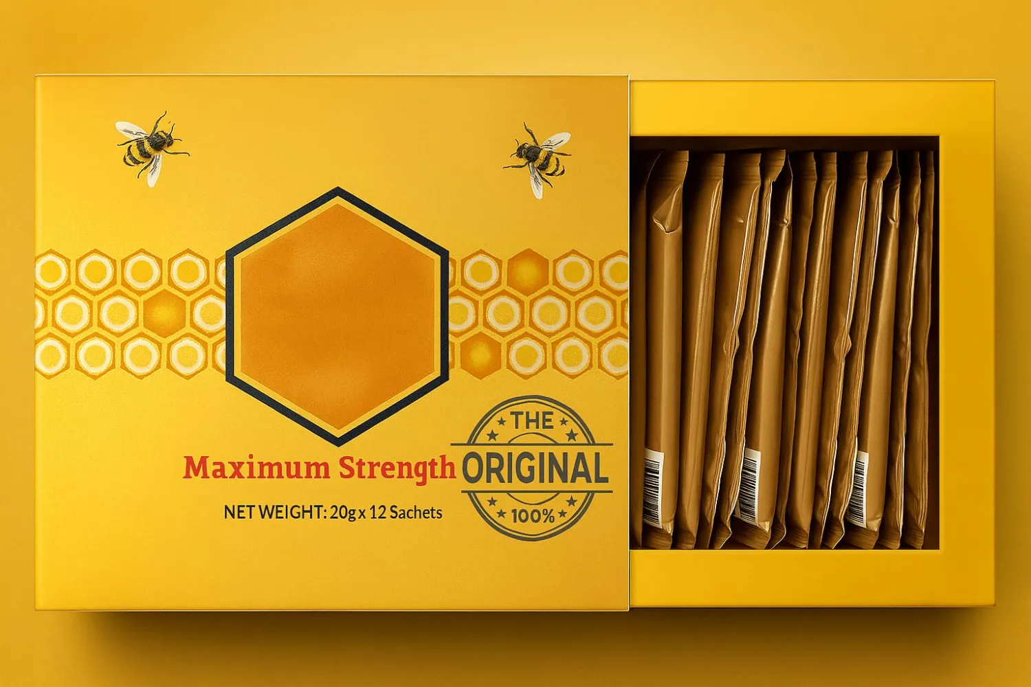 Natural Unflitered Honey Sachets Enriched with Natural Jelly Large Gold Box with 20g Sachets 12 count | Miel para hombre y mujers natural