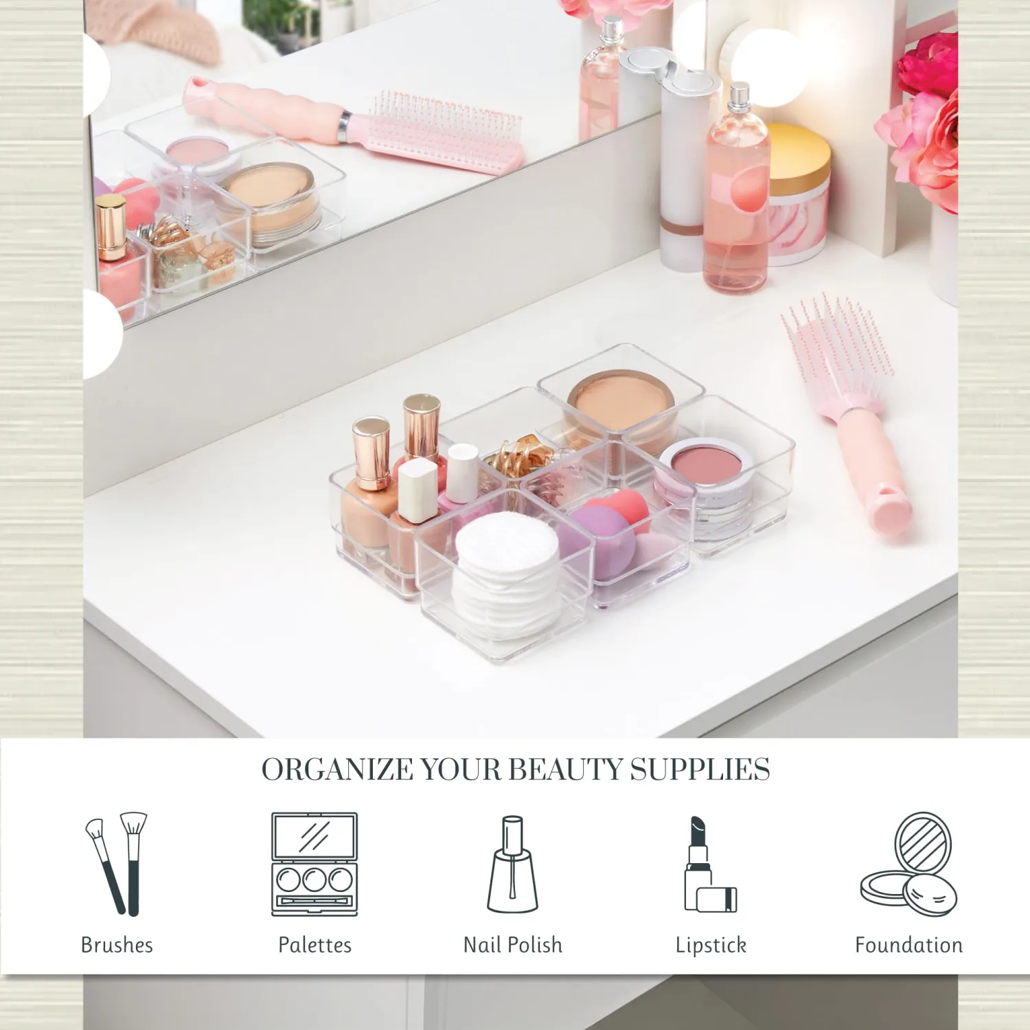 STORi SimpleSort 6-Piece Stackable Clear Drawer Organizer Set | 3" x 3" x 2" Square Trays | Small Makeup Vanity Storage Bins and Office Desk Drawer Dividers | Made in USA