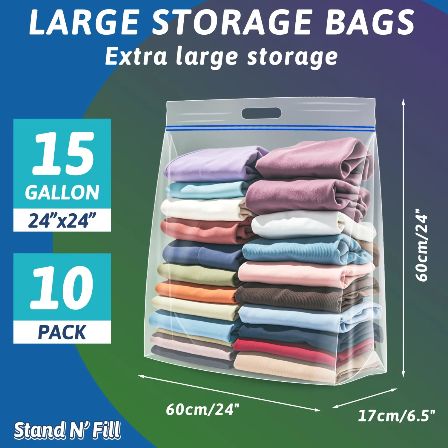 Extra Large 15 Gallon Storage Bags - 24” x 24” with Resealable Zip and Carry Handle, Ideal for Clothes, Pillows, Moving and Travel, Set of 10
