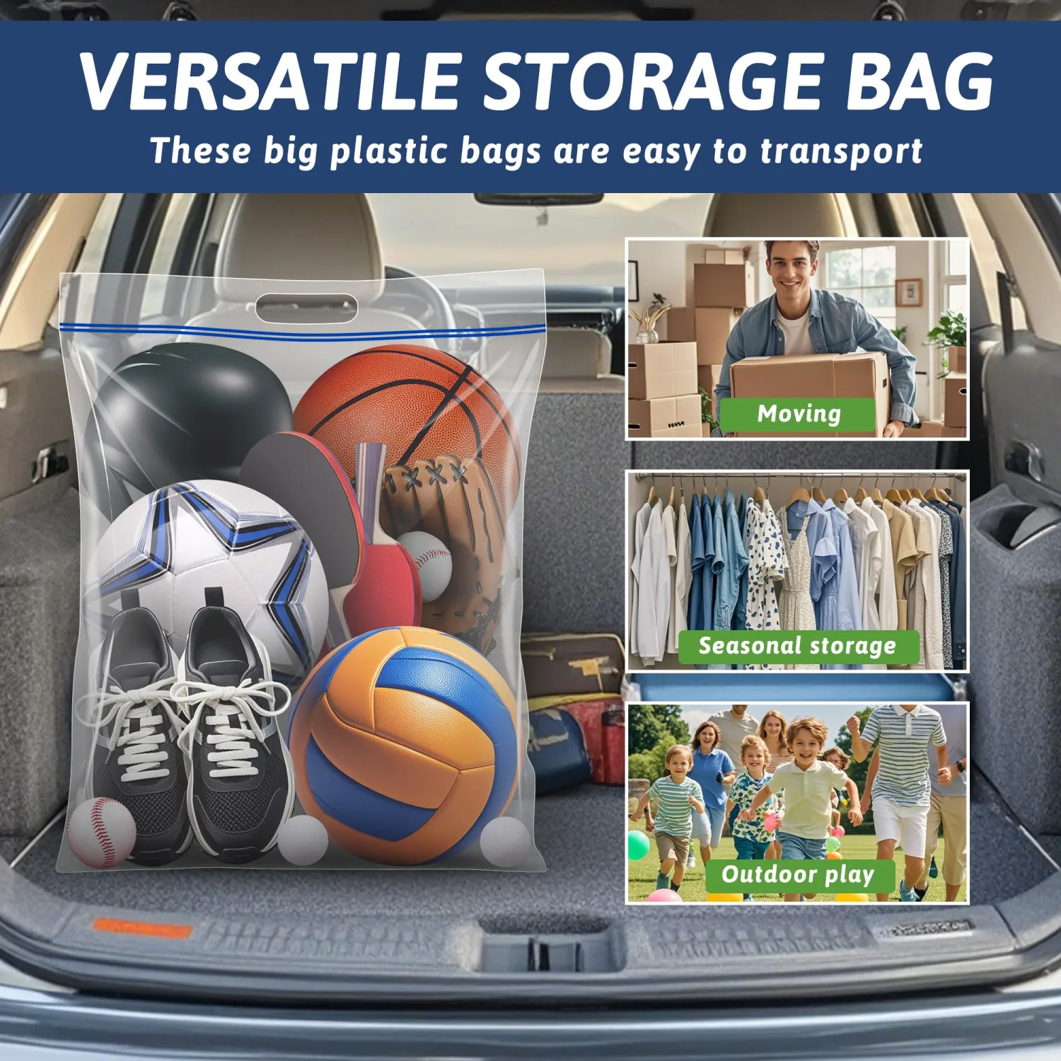 Extra Large 15 Gallon Storage Bags - 24” x 24” with Resealable Zip and Carry Handle, Ideal for Clothes, Pillows, Moving and Travel, Set of 10